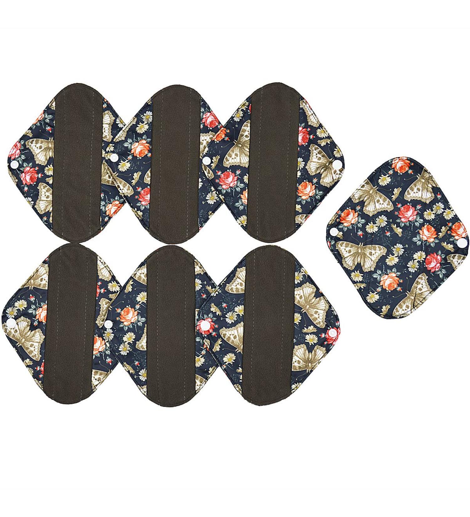 ReUseLife 7 Pack 8 Inch Charcoal Bamboo Cloth Menstrual Pads Reusable Sanitary Pads Washable Panty Liner Unscented 7810