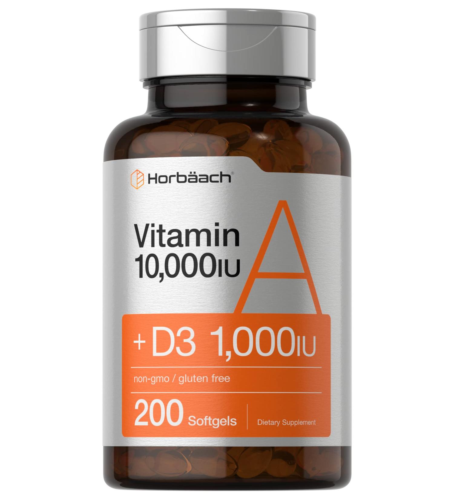 Vitamin A 10000 IU Softgels with Vitamin D3 | 200 Count Non-GMO Gluten Free Supplement by Horbaach - Buy Online on GoSupps.com