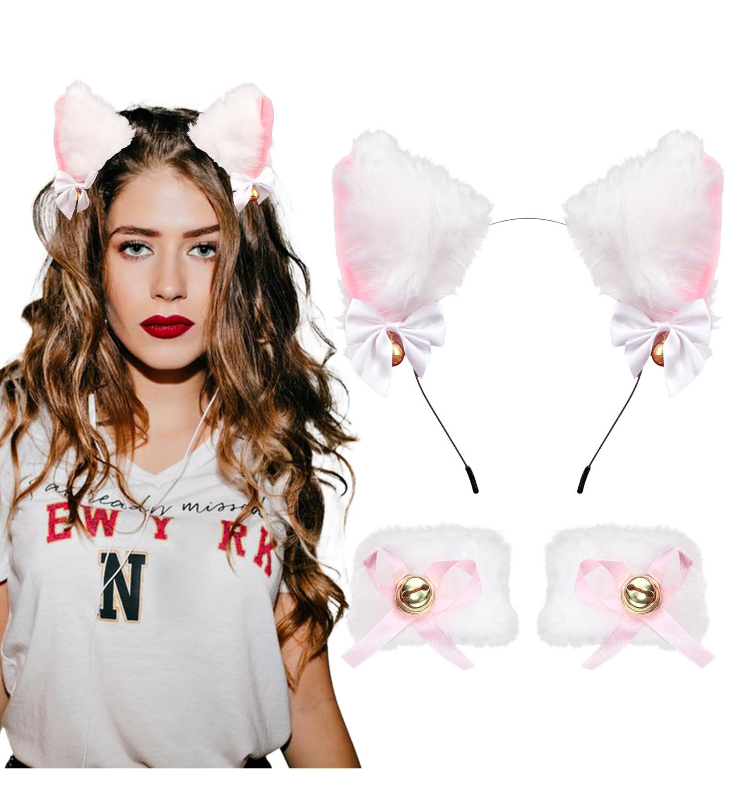GAFATORY Cat Ears Headband Animal Faux Fur Cat Fox Dog Ears Headband with Wrist Cuffs White Cat Ears for Halloween Cosplay Costume Christmas Party Furry Ears Headband for Girls Women Adult Dress - Buy Online on GoSupps.com