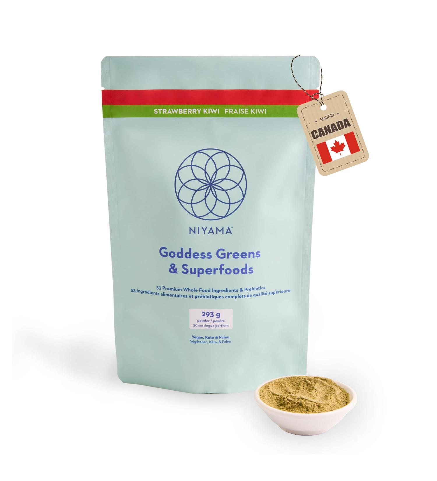 Niyama Goddess Greens Superfood Powder Daily Greens Powder with 53 Organic Food Ingredients - Vegan Paleo and Keto-Friendly - Natural Strawberry Kiwi Flavour (30 Servings) - Buy Online on GoSupps.com