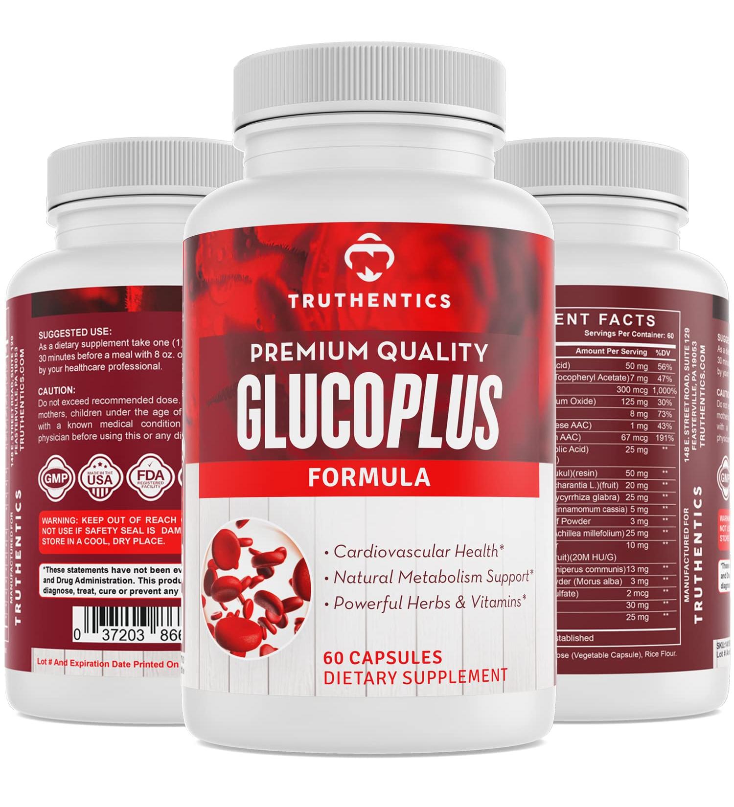 TRUTHENTICS GlucoPlus - 20 Herbs Vitamins & Minerals with Cinnamon Chromium Vanadium Bitter Melon Alpha Lipoic Acid Magnesium - Gluten Free Non-GMO - 60 Capsules - Buy Online on GoSupps.com