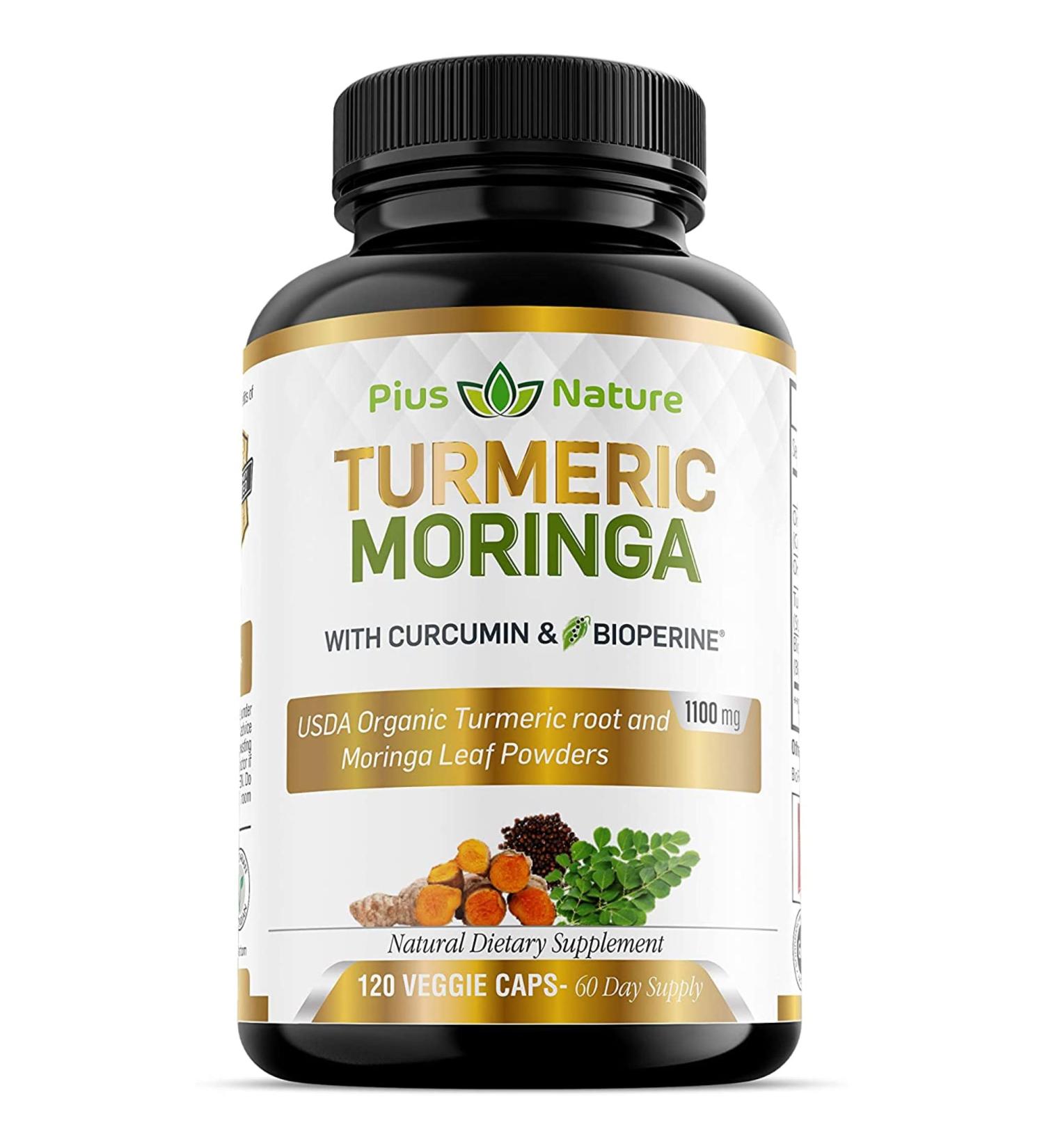 USDA Organic Turmeric & Moringa Capsules with 95% Curcuminoids - 120ct | Bioperine for Enhanced Absorption | 1100mg per Serving | Vegan - Buy Online on GoSupps.com