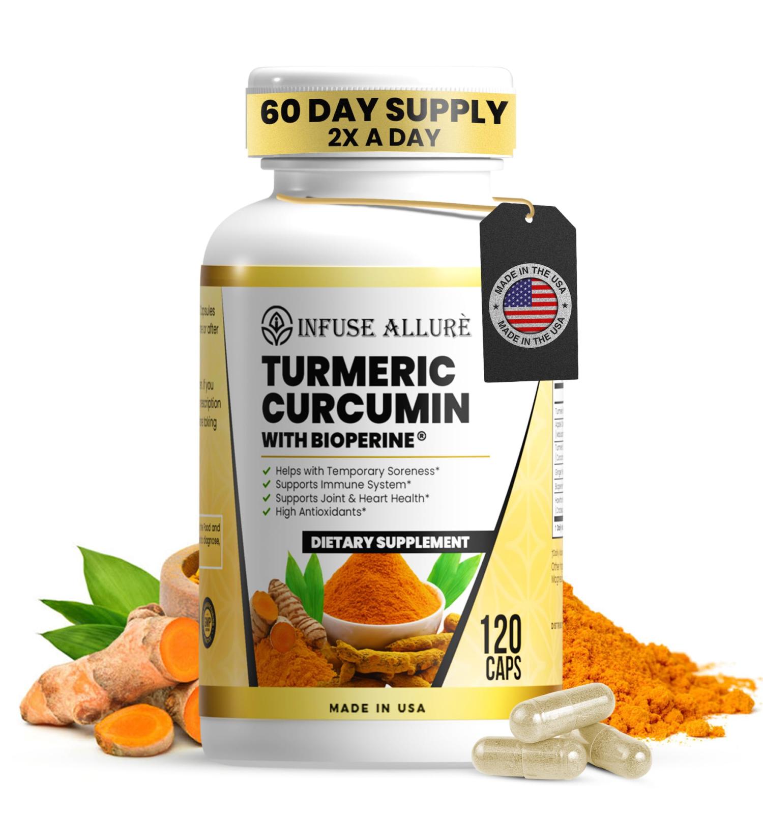 Infuse Allur - Turmeric Curcumin & Bioperine Vegetable Capsules - Premium Antioxidant Supports Brain & Heart Health Skin & Digestion - Promotes Cellular Health - 120 Caps - Buy Online on GoSupps.com