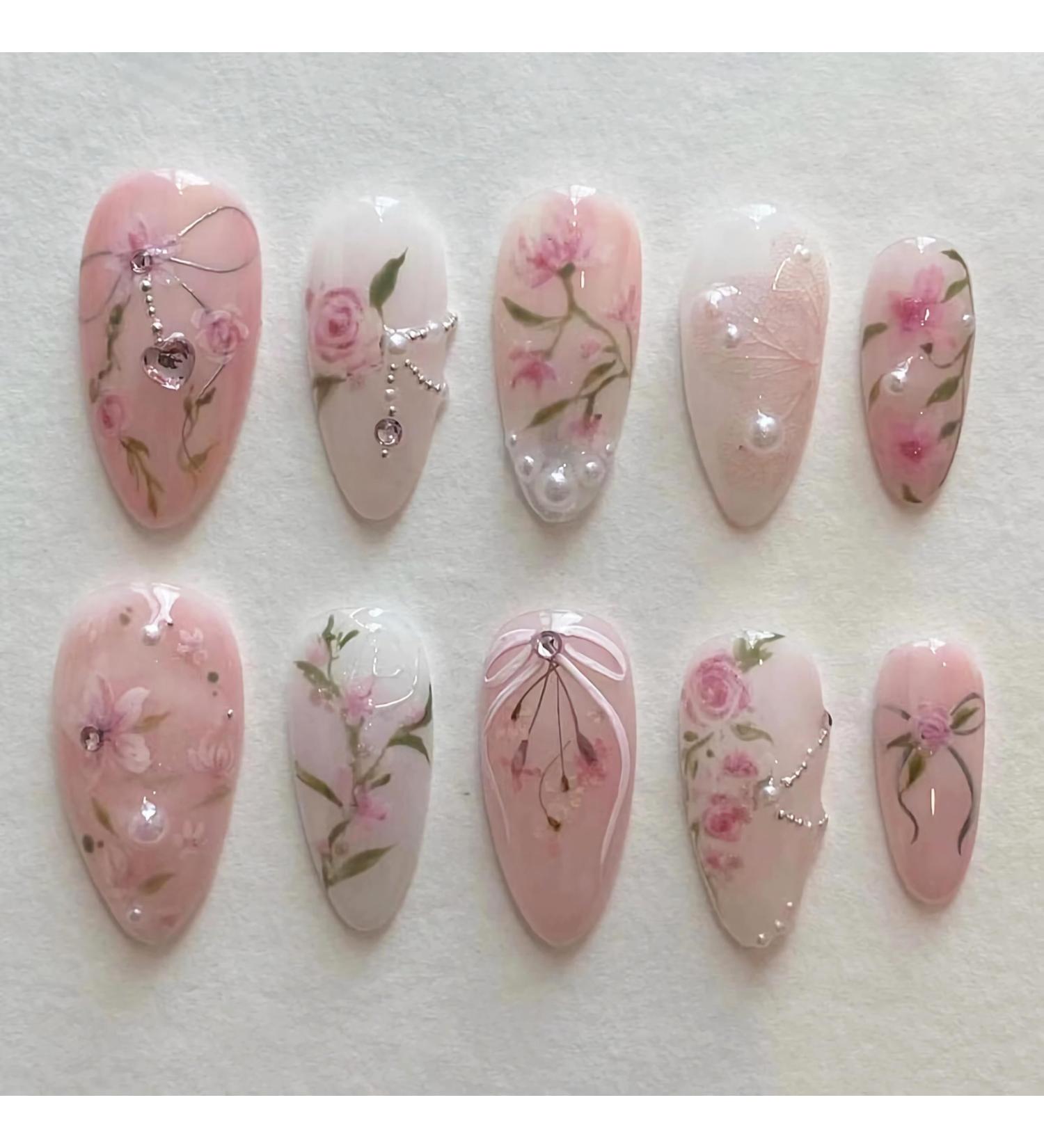 BABALAL Pink Almond Press on Nails - Medium Acrylic Nails with Flower Heart Charm Design - 24pcs Handmade False Nails ANI02 for Stunning Looks - Buy Online on GoSupps.com