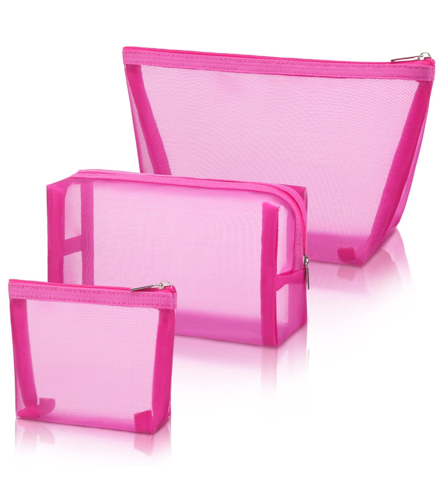 3-Piece Rose Red Mesh Makeup Bag Set - Travel & Office Zipper Pouches - Buy Online on GoSupps.com