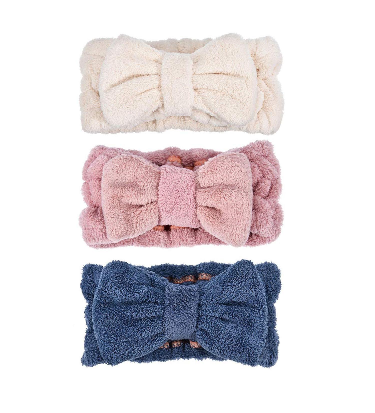 Zocone Makeup Hair Bands - 3pcs Bowknot Headbands | Coral Fleece Spa & Facial Cleaning Set (White Pink Blue) - Buy Online on GoSupps.com