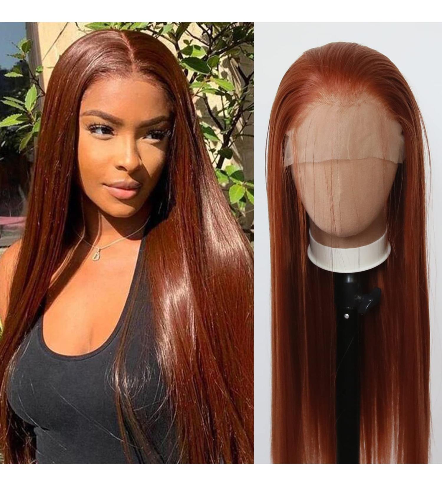 Ginger Brown Long Straight Synthetic Lace Front Wig - Heat Resistant Fiber, Pre Plucked Natural Hairline for Black Women - Copper Red Brown Cosplay Daily Wear - Buy Online on GoSupps.com