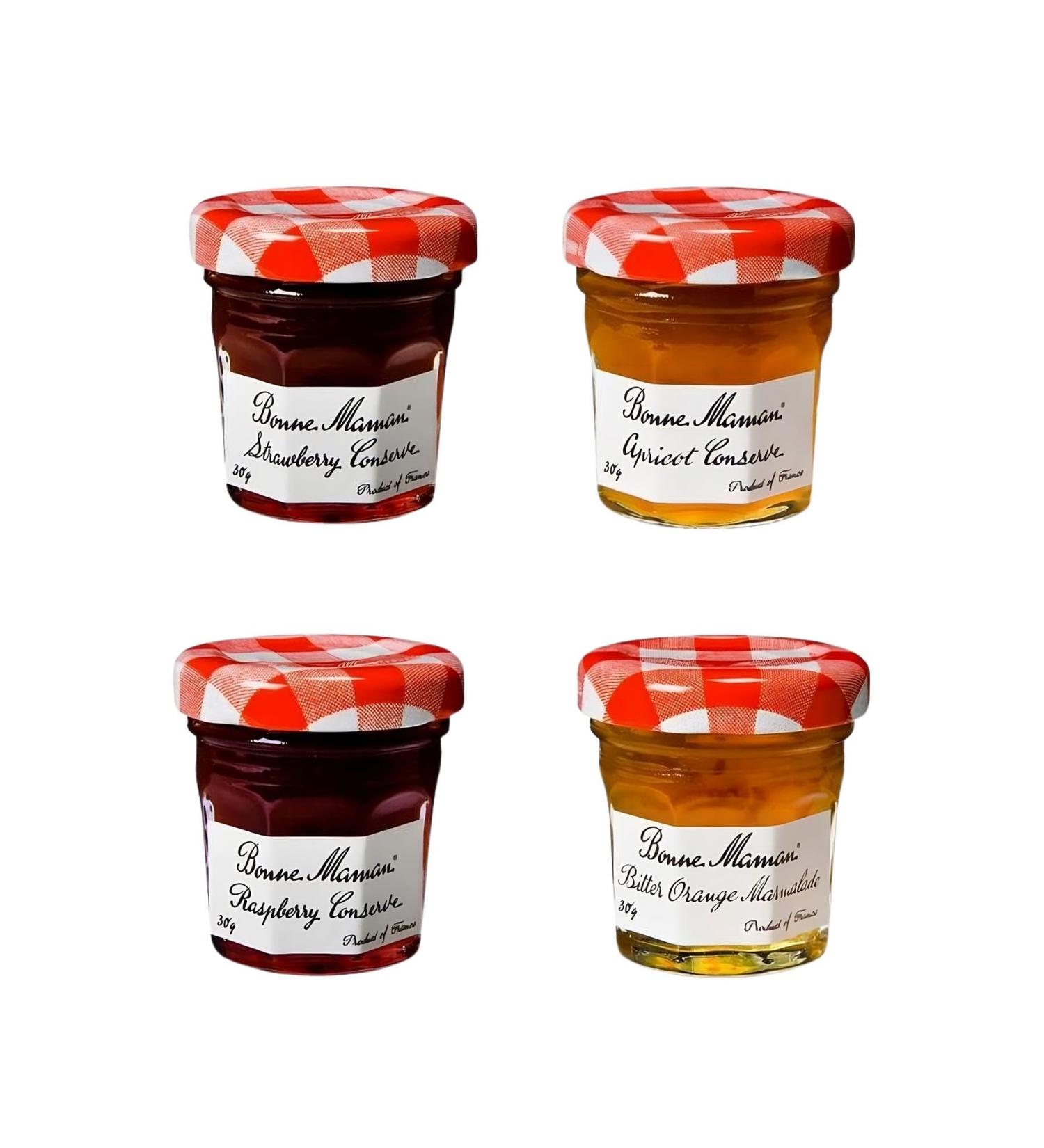 Bonne Maman Jam Pick N Mix - Choose From 4 Flavours | Strawberry-Conserve Apricot-Conserve Raspberry-Conserve Bitter Orange Marmalade 30g - Pack of 80 (20 of Each) - Buy Online on GoSupps.com
