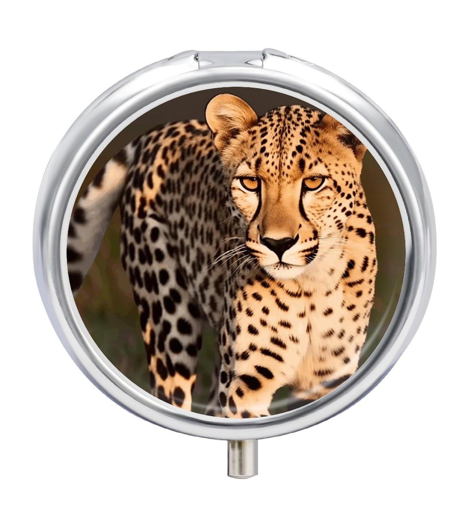 Round Cheetah Print Pill Box - 3 Compartment Metal Organizer | Portable Decorative Medicine Case - Buy Online on GoSupps.com