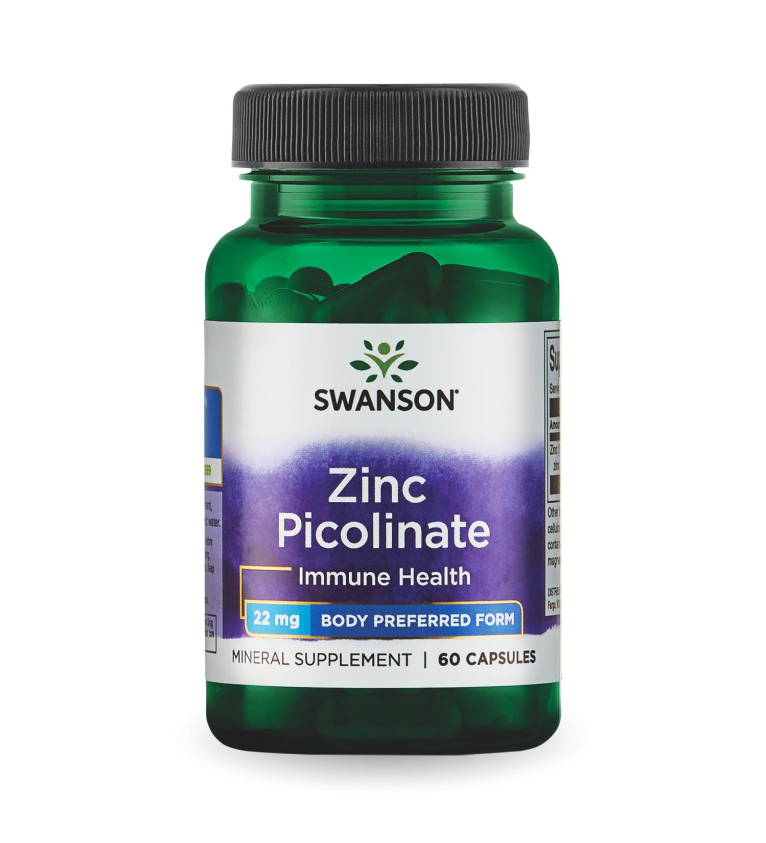 Swanson Zinc Picolinate - Mineral Supplement Promoting Prostate Health, Vision Health, & Immune Support - Body Preferred Form of Chelated Zinc - (60 Capsules, 22mg Each) 60 Count (Pack of 1) - Buy Online on GoSupps.com