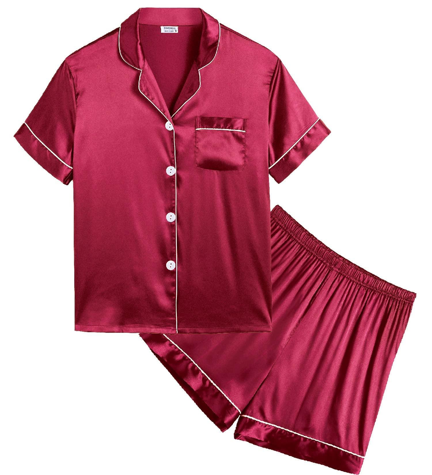 SWOMOG Kids Silk Pyjamas Set Short Sleeve Satin PJs | Red | Ages 4-16 - Buy Online on GoSupps.com