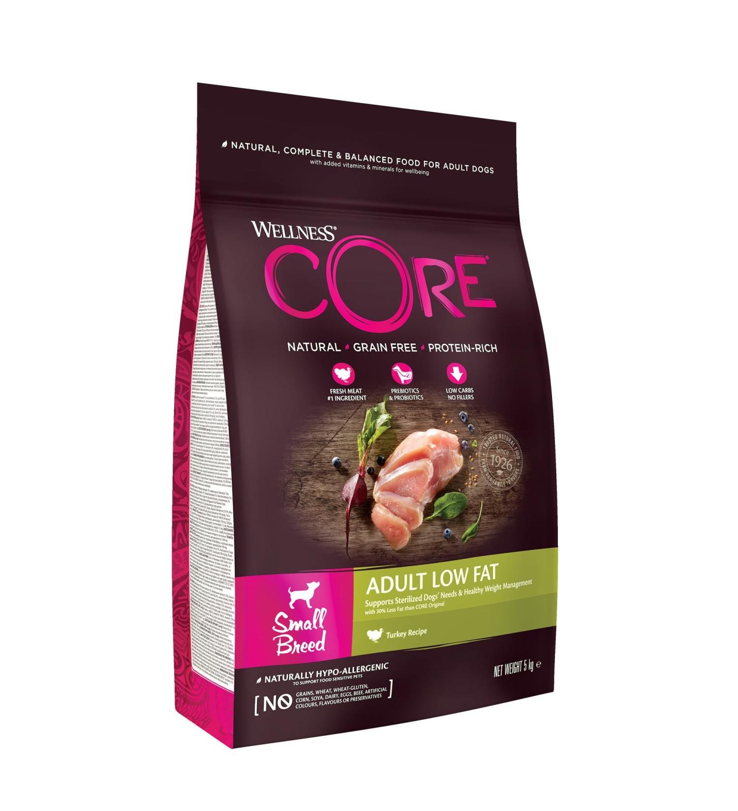 Wellness Core Small Breed Adult Low Fat Dog Food - Grain-Free Turkey 5 kg | High Meat Content for Healthy Dogs - Buy Online on GoSupps.com
