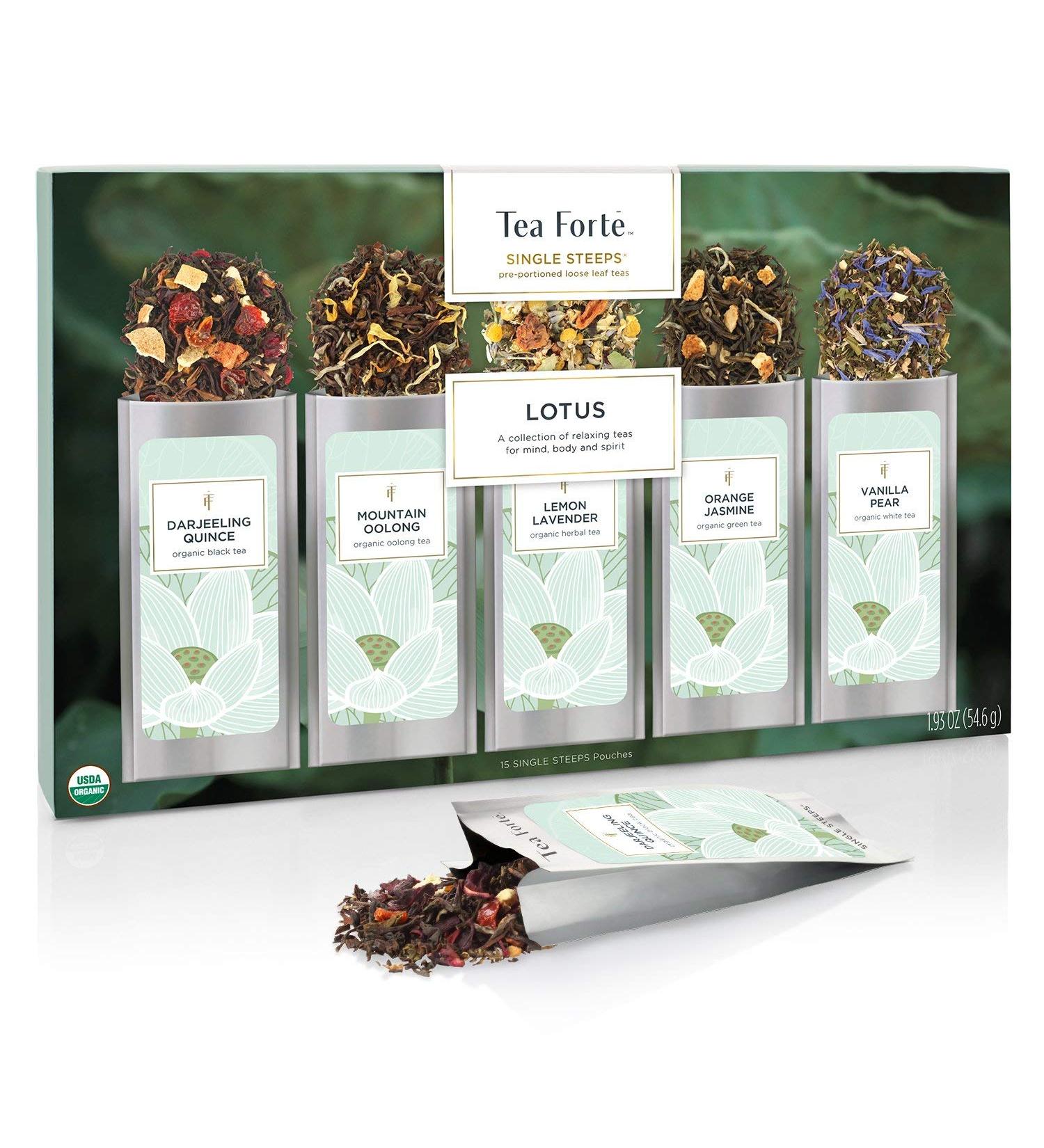 Tea Forte Single Steeps Loose Leaf Tea Sampler - 15 Assorted Varieties - Lotus Flavor - 15 Single Serve Pouches - Buy Online on GoSupps.com