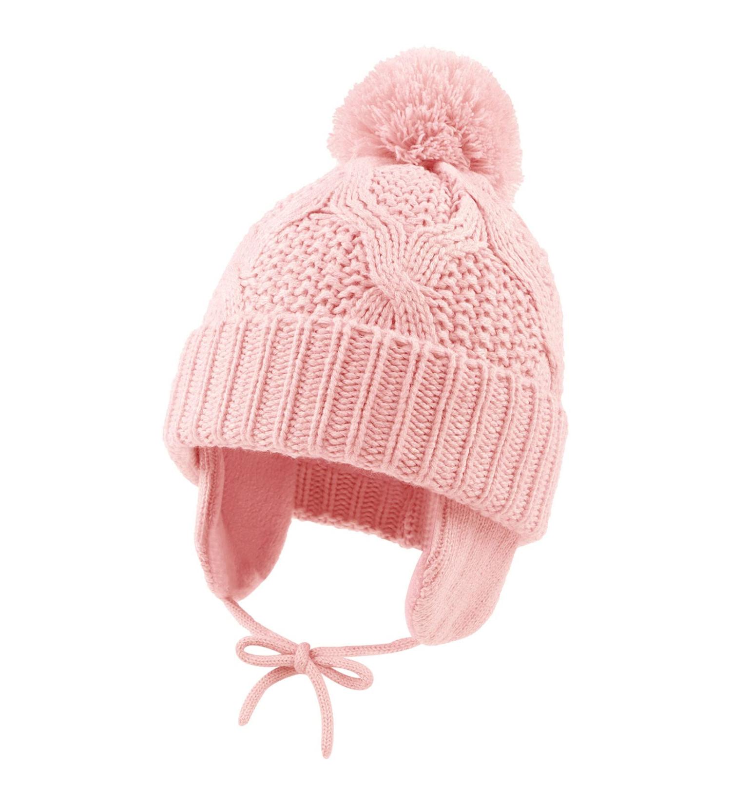 Pesaat Knitted Baby Winter Beanie Earflap Hat | Fleece Lined Beanies with Pompom | Infant Toddler Boys Girls | 0-6 Months Skin Pink - Buy Online on GoSupps.com
