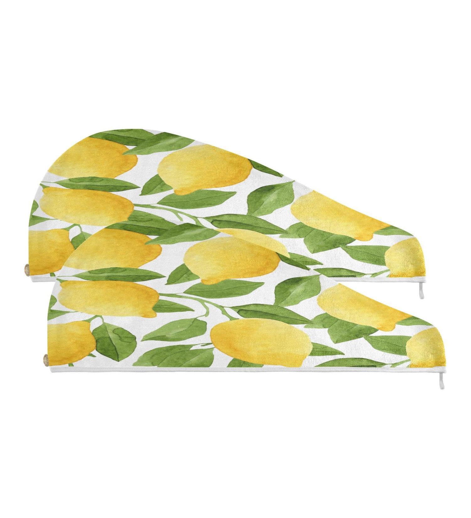 Watercolor Lemons Dry Hair Cap & Quick Drying Towel Set - Super Absorbent Soft Comfortable | 2 Piece Button Headband - Buy Online on GoSupps.com