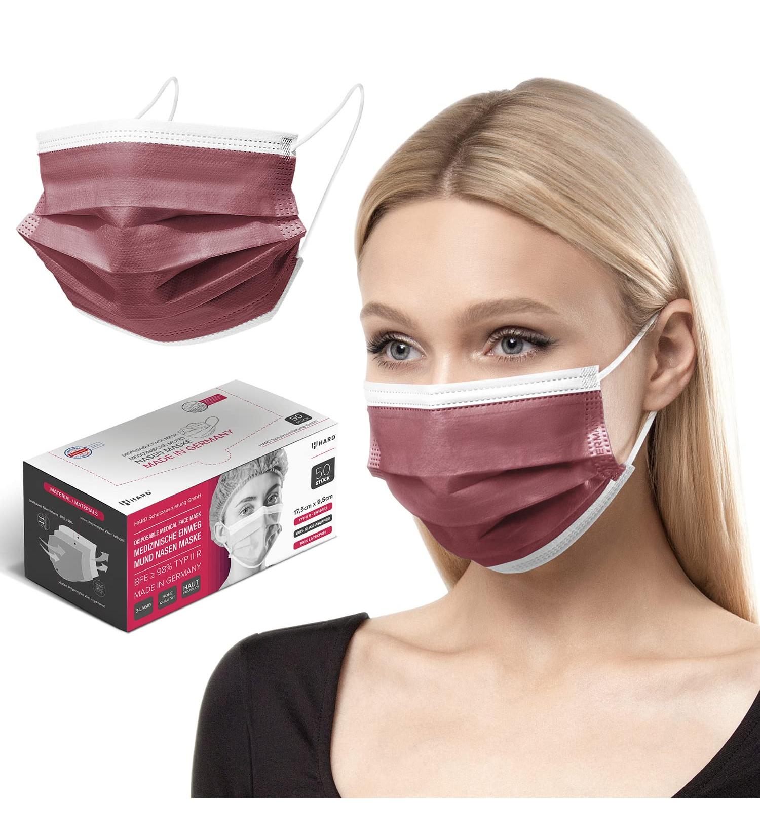 100 Disposable Face Masks, Made in Germany, Type IIR & CE Certified - Breathable Triple Layer - 99.78% Filtration - Elastic Earloops - Bordeaux - Buy Online on GoSupps.com