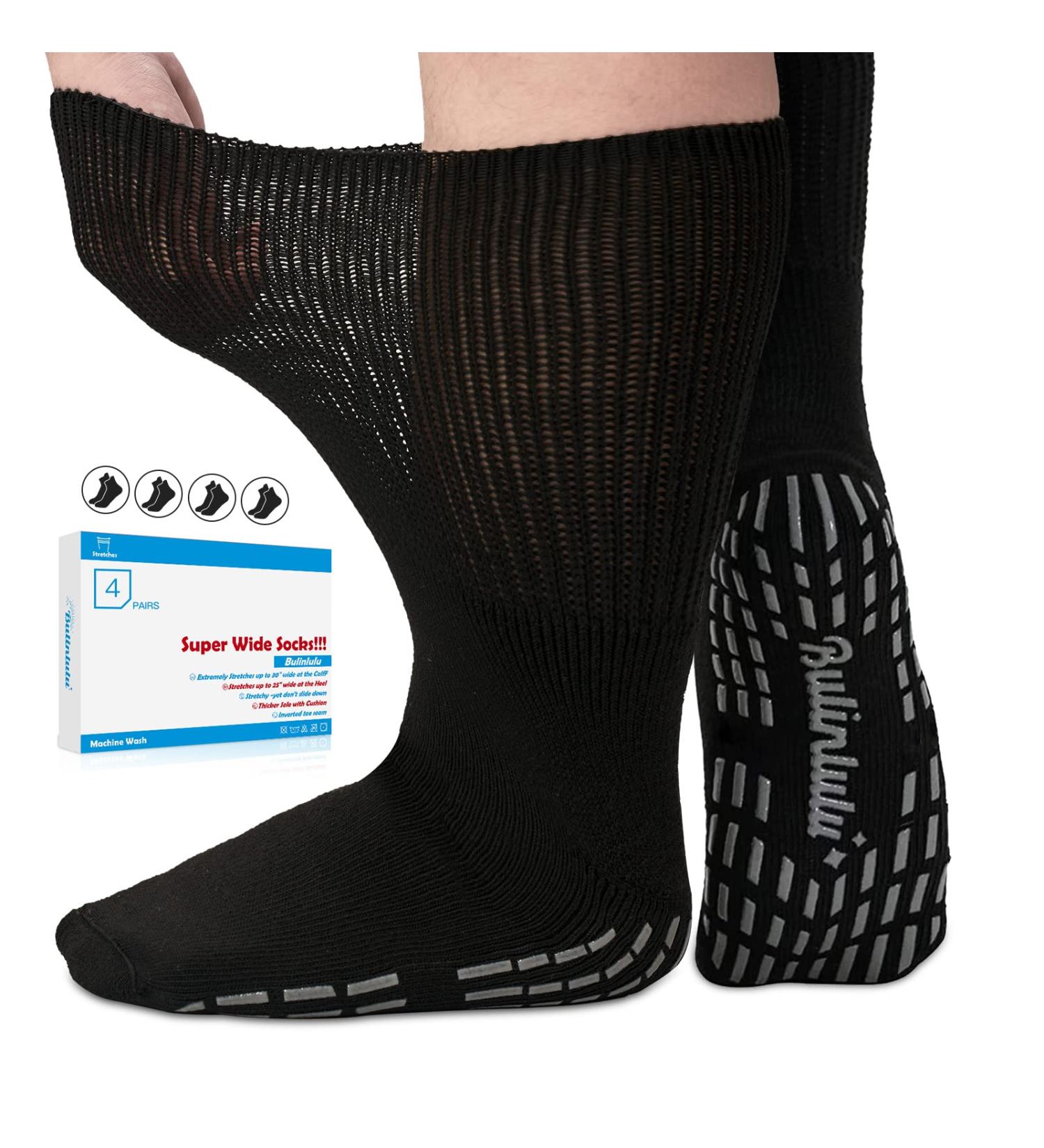 Bulinlulu Extra Wide Diabetic Socks for Men and Women - 4 Pairs, Non-Slip Hospital Socks for Swollen Feet, Neuropathy, Lymphedema - Black Grips, Bariatric Size - Buy Online on GoSupps.com
