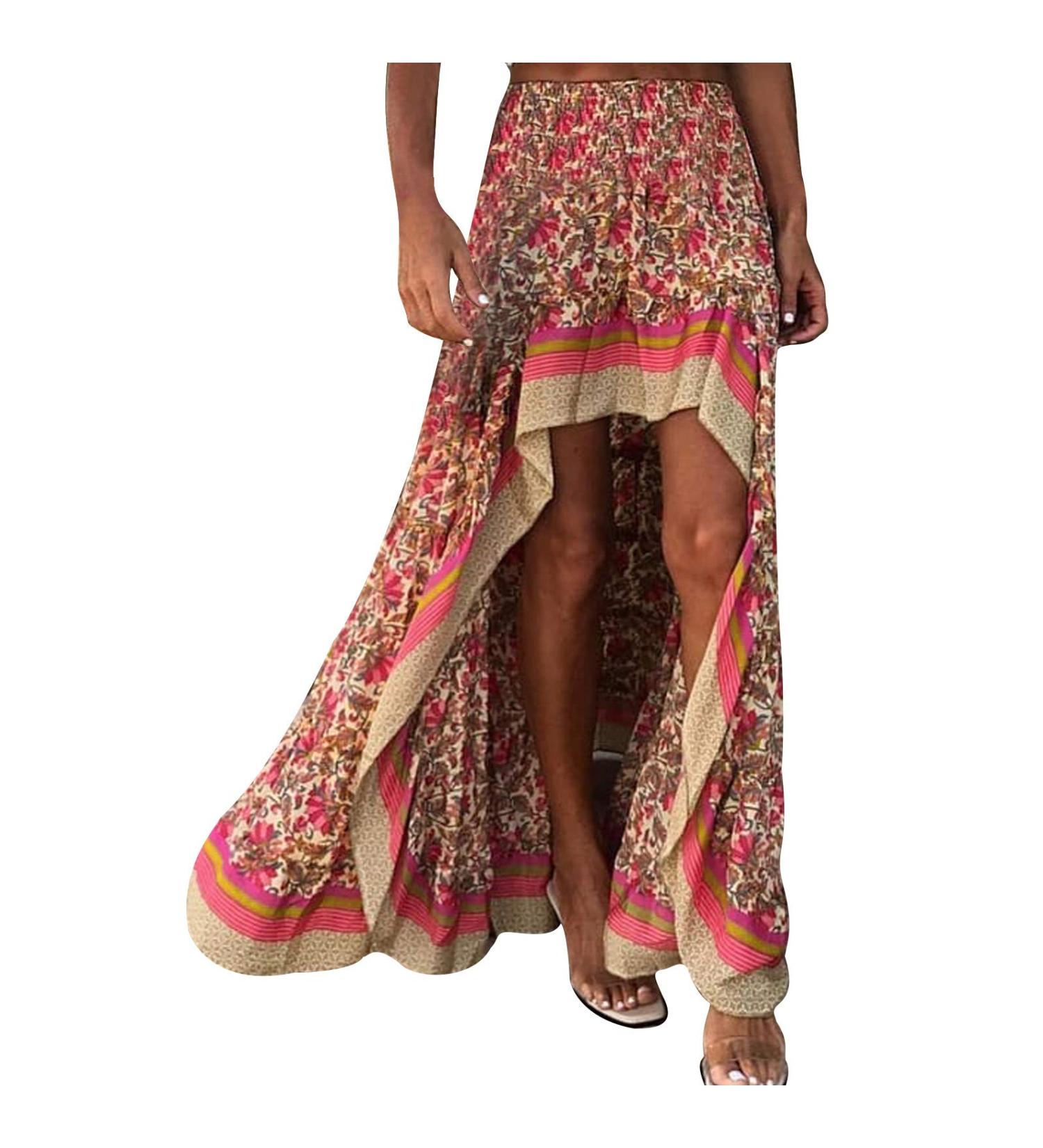 Sanahy Women Boho Floral Print Maxi Dress - Red XL | High Low Ruffle Hem, Elastic Waist, Beach Chic Style - Buy Online on GoSupps.com