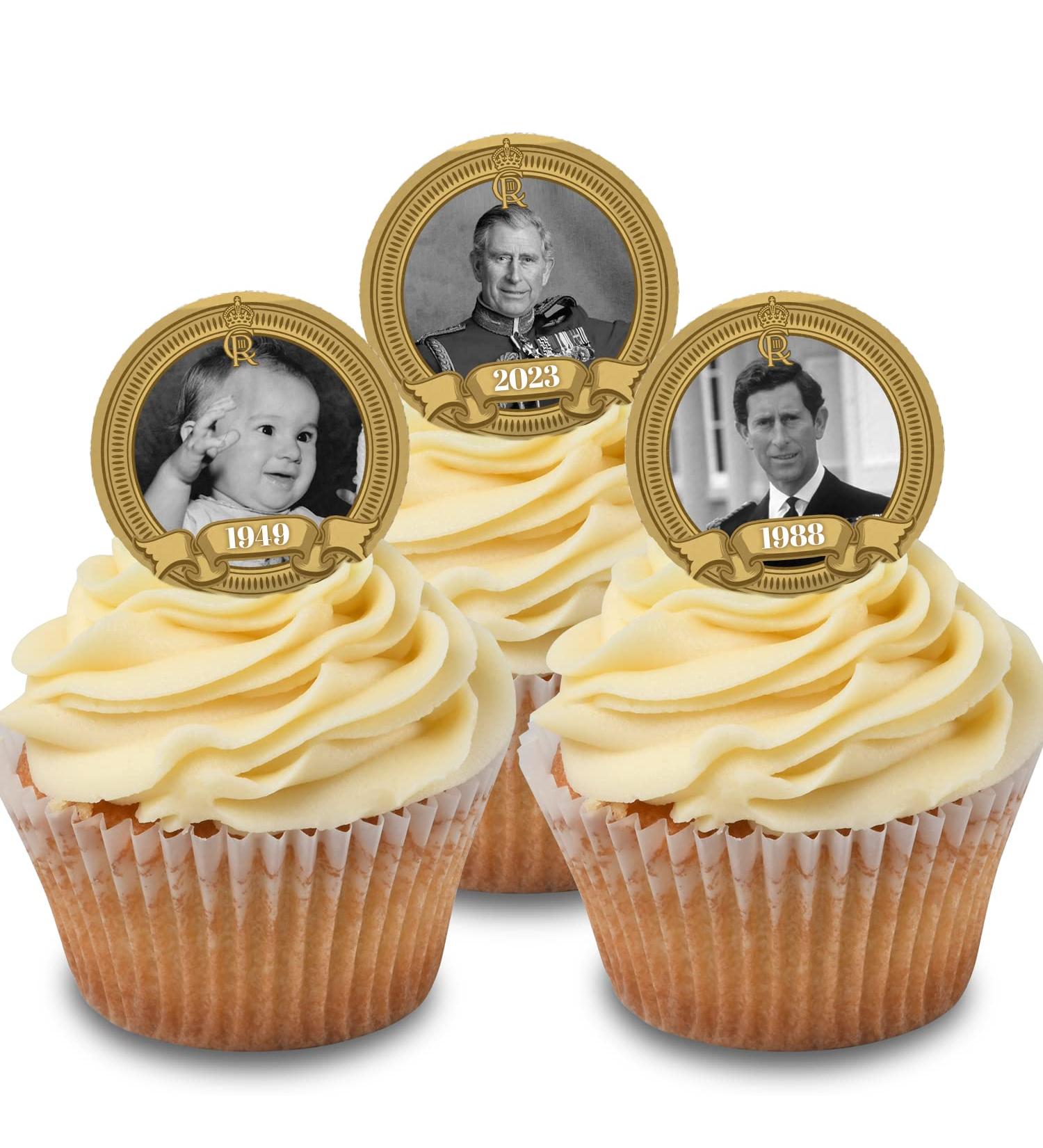 *3 for 2 offer* Cakeshop 24 x 4cm King Charles III 3rd Coronation Gold - 'Over the Years' Historic Photo Edible Cupcake Toppers Cake Decorations - Premium Wafer Precut Pre-Cut Wafer Toppers x 24