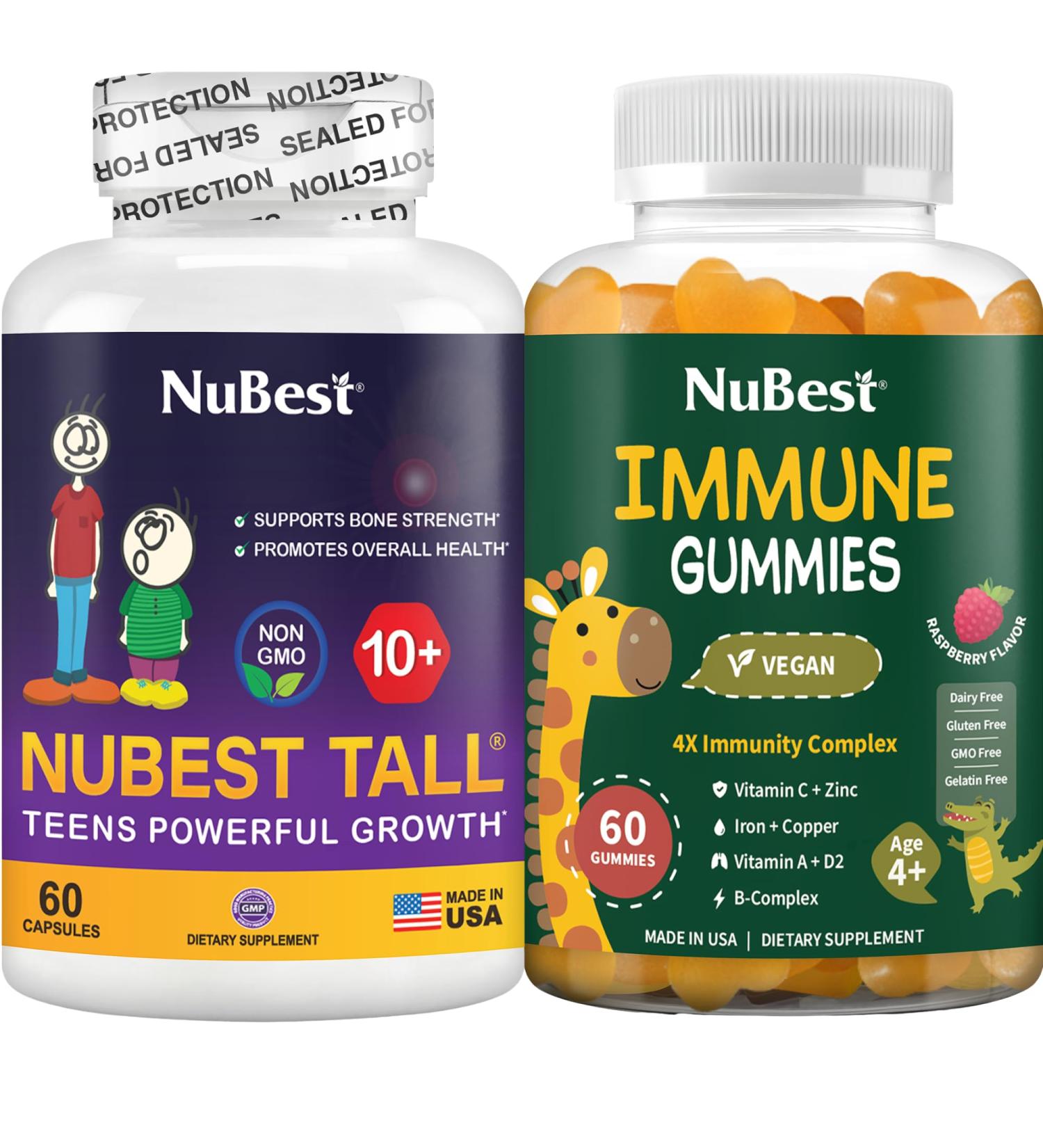 NuBest Bundle for Bone Growth Bone Strength & Immune Support for Kids & Teens Tall 10+ Capsules and Immune Multivitamin Gummies Daily Wellness Routine - Buy Online on GoSupps.com