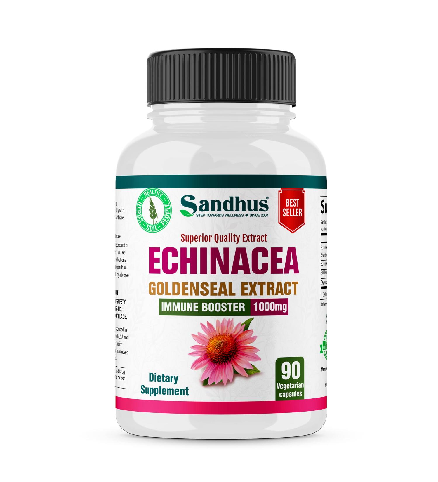 Sandhu's Echinacea Goldenseal - Immune Booster Supports Immune and Respiratory Health1000 mg per Serving Vegetarian Capsules 90 Ct- - Buy Online on GoSupps.com