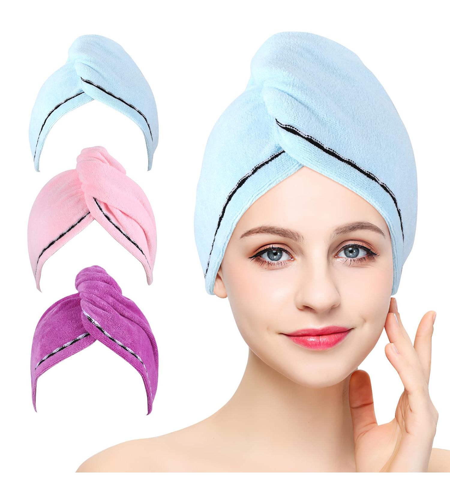 Beoffer Microfiber Hair Towel Wrap - Super Suction Quick Drying Turban - 3-Pack in Pink Blue Violet | Perfect Hair Drying Solution - Buy Online on GoSupps.com