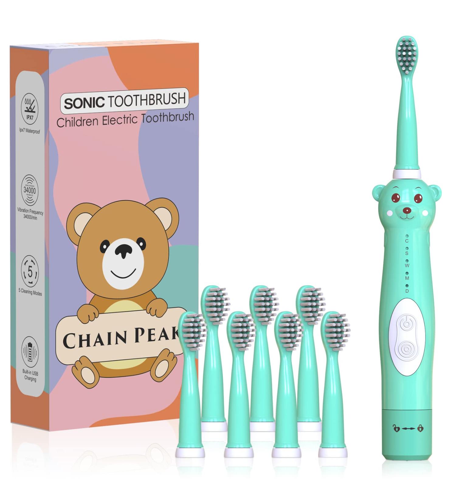 Kids Sonic Electric Toothbrush | Rechargeable Bear Toothbrush for Boys Girls Age 3-12 | 30s Reminder, 2 Min Timer, 5 Modes | 8 Brush Heads | Green - Buy Online on GoSupps.com
