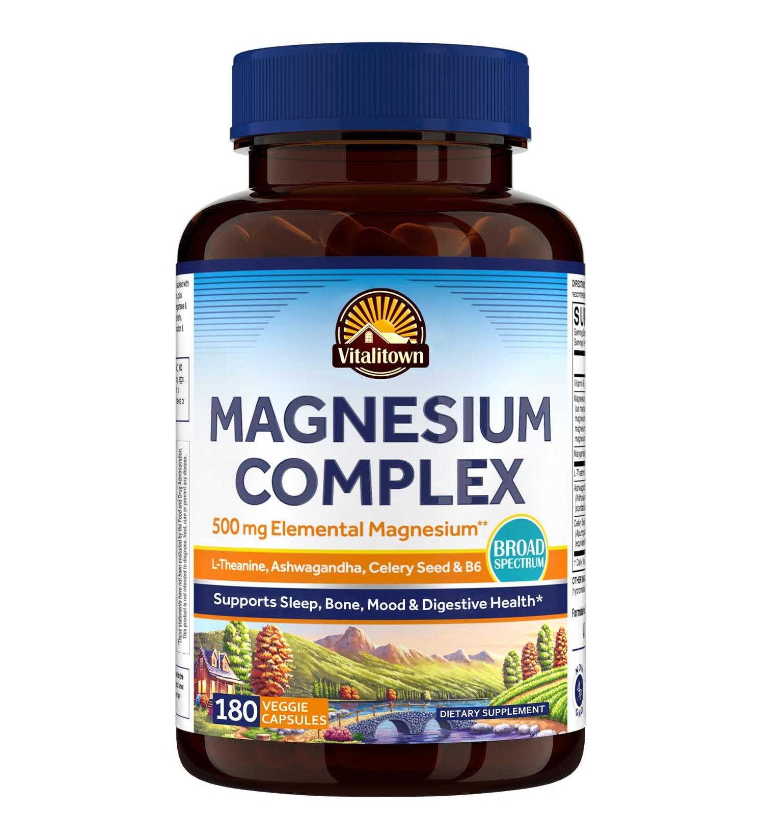 Vitalitown Magnesium Complex Supplement Magnesium Glycinate Citrate & Taurate L-theanine Ashwagandha Celery Seed Vitamin B6 Bone Mood Sleep Heart Health 180 Veggie Capsules 180 Count (Pack of 1) - Buy Online on GoSupps.com
