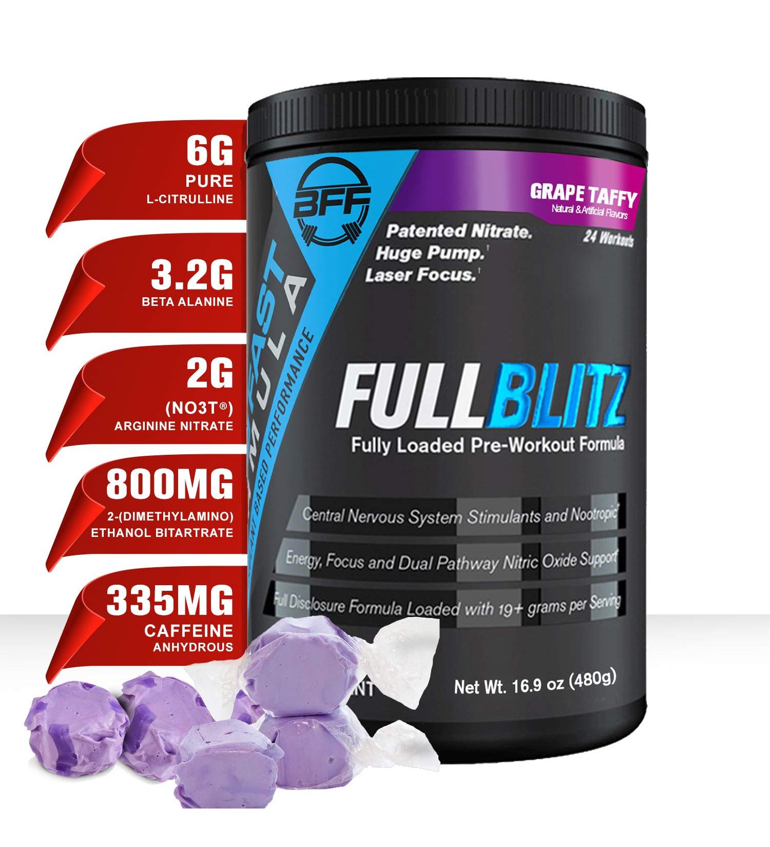 FULLBLITZ Pre-Workout | Energy Booster + Nitric Oxide Muscle Pumps | Laser Focus Nootropic Blend | Grape Taffy Flavor - Buy Online on GoSupps.com