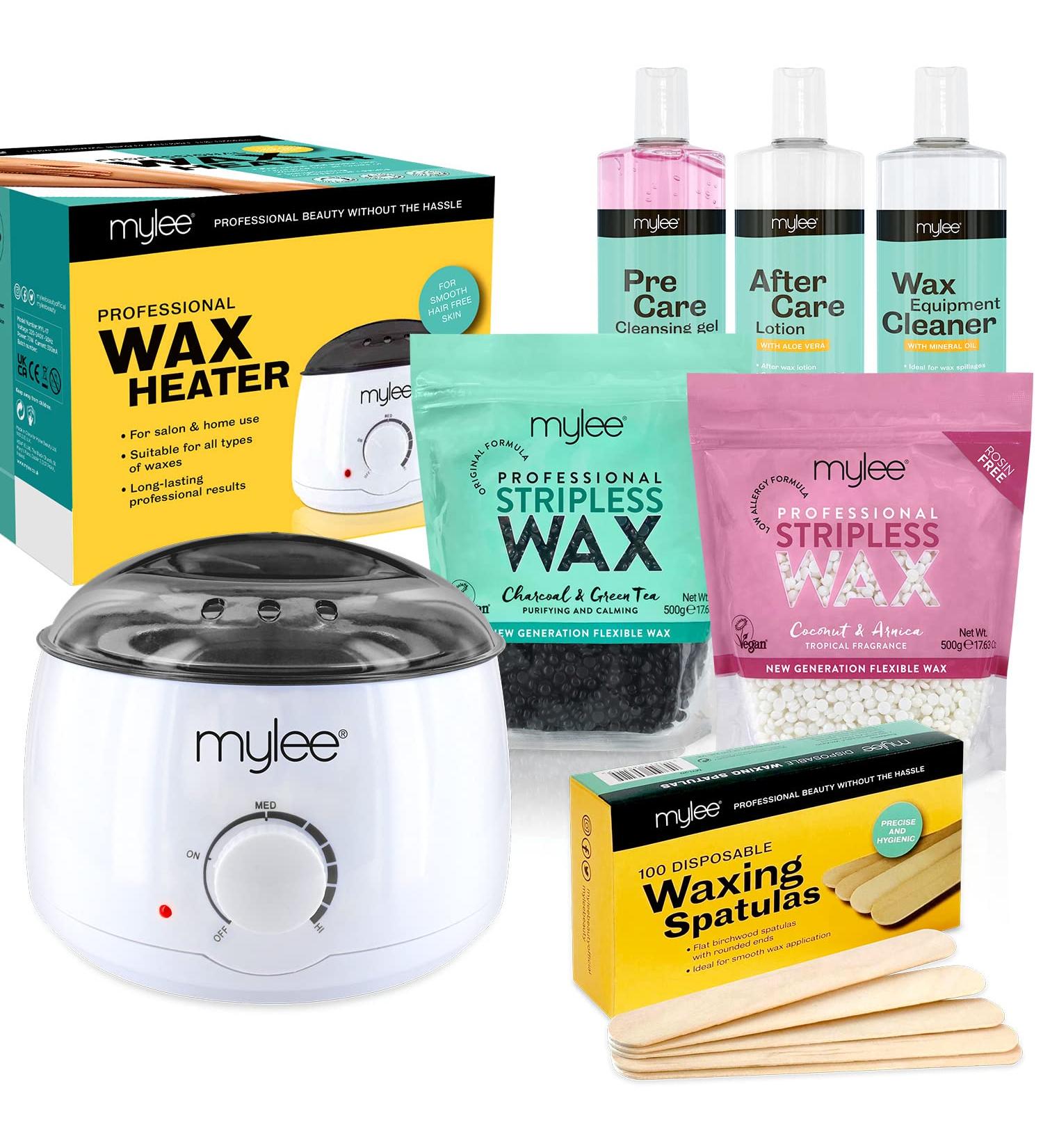 Mylee Professional Complete Wax Set - 500g Hard Wax Beans Warmer Spatulas & Aftercare - Charcoal Green Tea Coconut & Arnica Wax Kit for International Shipping - Buy Online on GoSupps.com