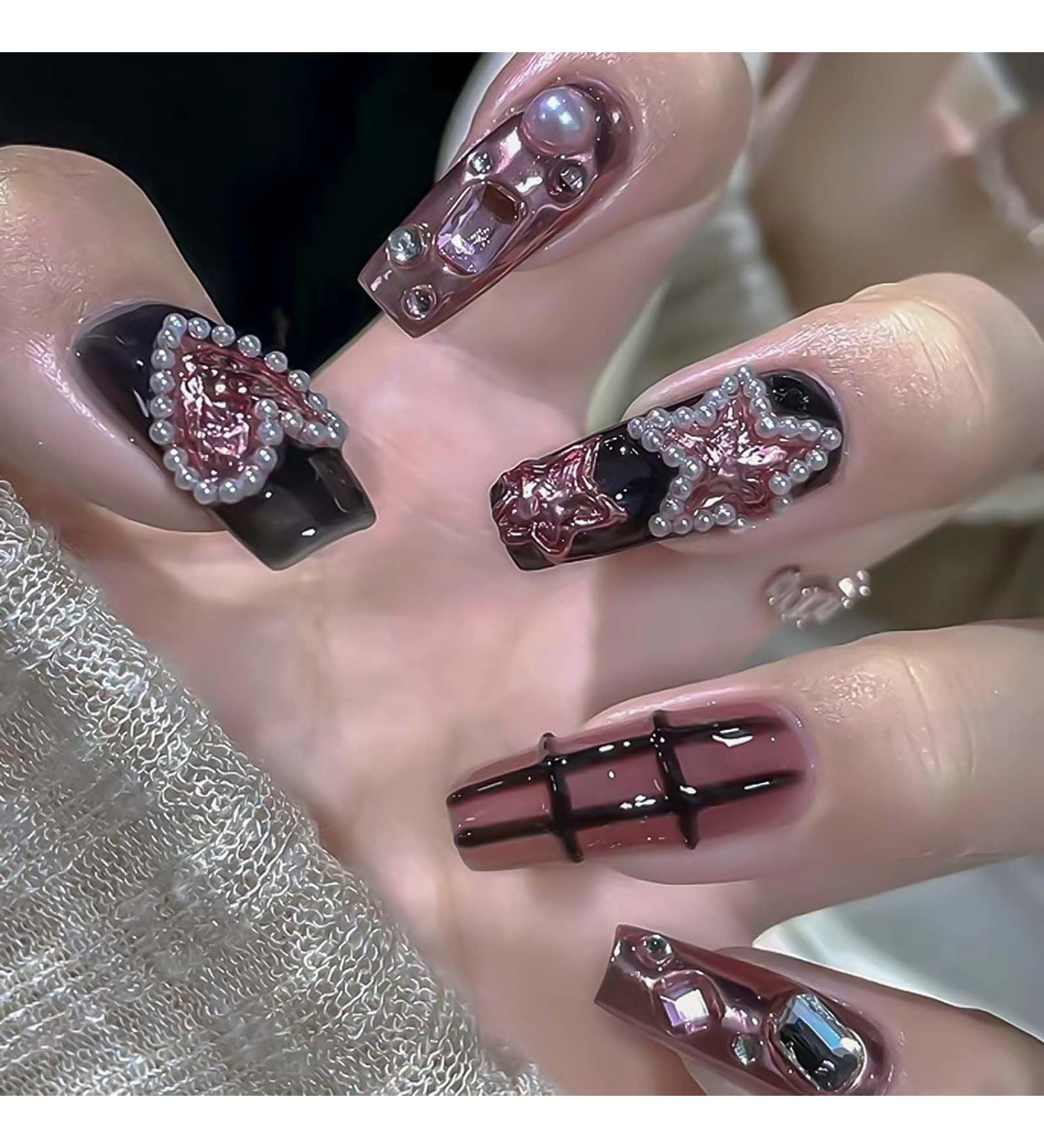 Long Coffin Press On Nails - Black Pink Star Love Pearl Design | 24pcs Full Cover Gel Nail Kit for Women - Buy Online on GoSupps.com