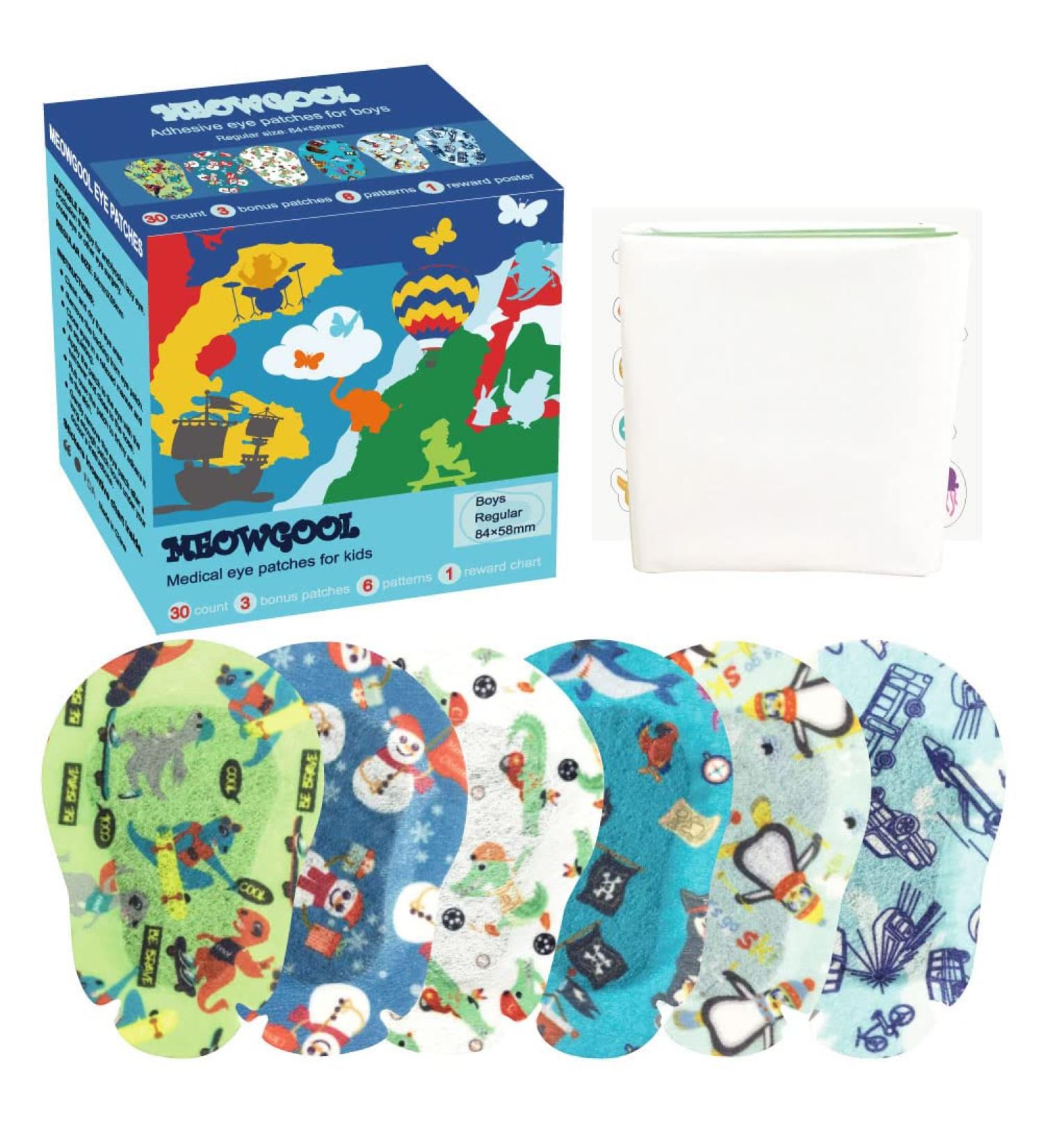 Meowgool Adhesive Eye Patches for Kids with Lazy Eye - 30+3 Bonus Patches, 6 Boys Designs, Stickers Incentive Poster - Buy Online on GoSupps.com