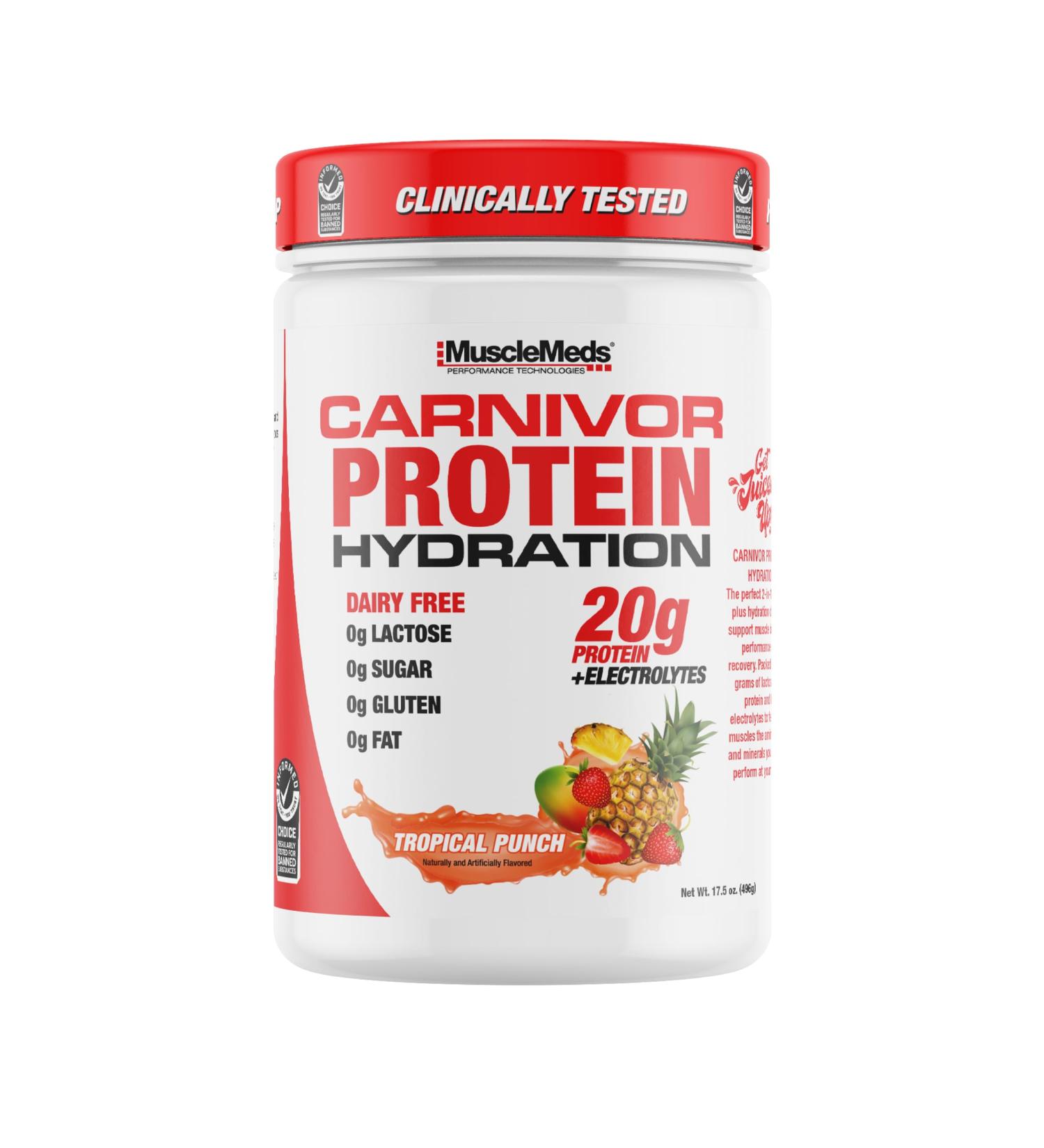 MuscleMeds Carnivor Protein Hydration Drink Powder 20g Refreshing Protein Isolate Lactose Free Sugar Free Electrolytes Muscle Building Recovery Halal Certified Tropical Punch 20 Serve Tropical Punch 3.5 Ounce (Pack  - Buy Online on GoSupps.com