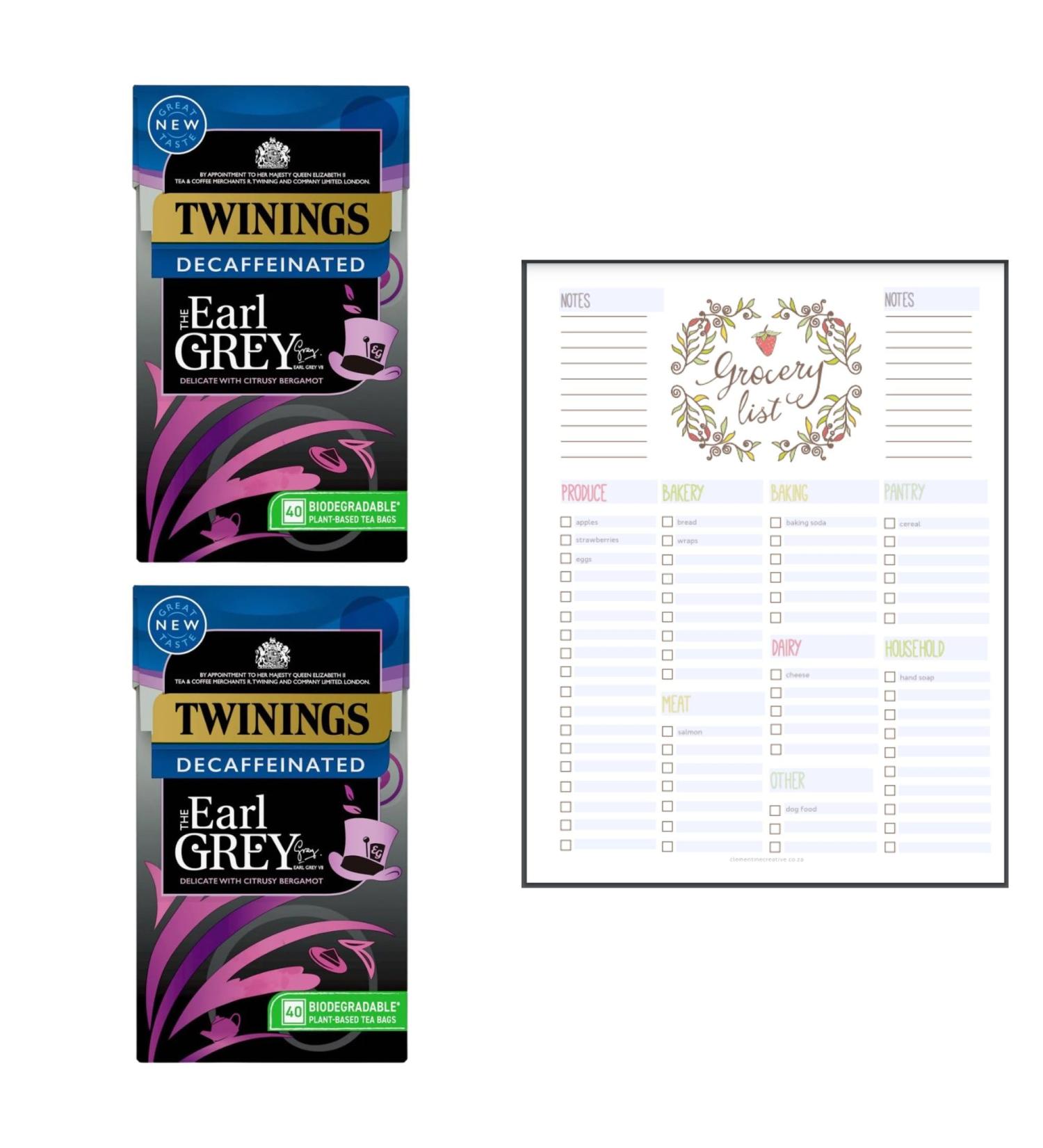 Decaf Tea Bags Bundle which Contains Twinings Earl Grey Decaffeinated 40 Tea Bags 100G - Pack of 2 with Grocery List Card - Buy Online on GoSupps.com
