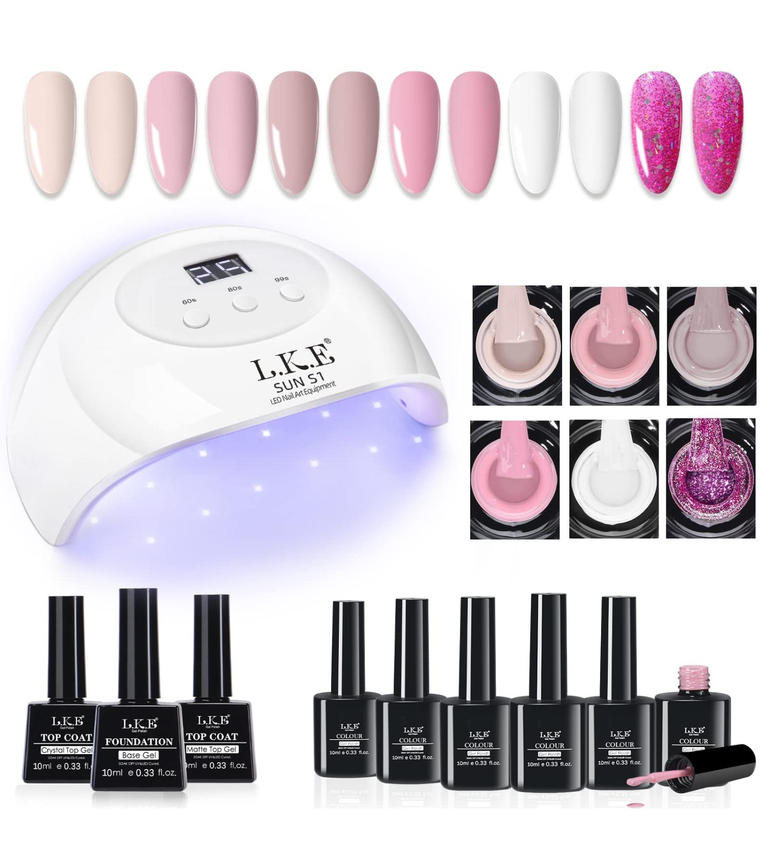 LKE Gel Nail Polish Kit with 72W UV Nail Lamp | 6 Nude Pink White Colors | Gel Top & Base Coat | DIY Manicure Set for Women - M02-Pink Nude - Buy Online on GoSupps.com