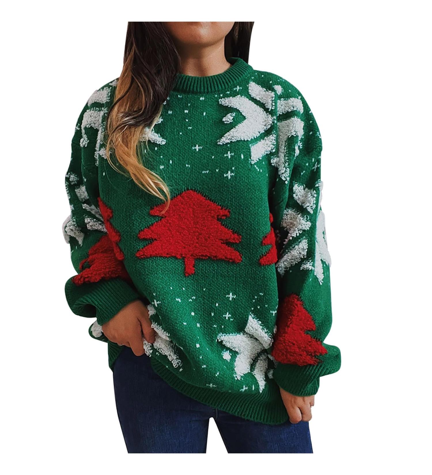 Shop Women's Christmas Sweater - Knitted Elk & Snowflakes Design | Festive Green Style for the Holidays - Buy Online on GoSupps.com