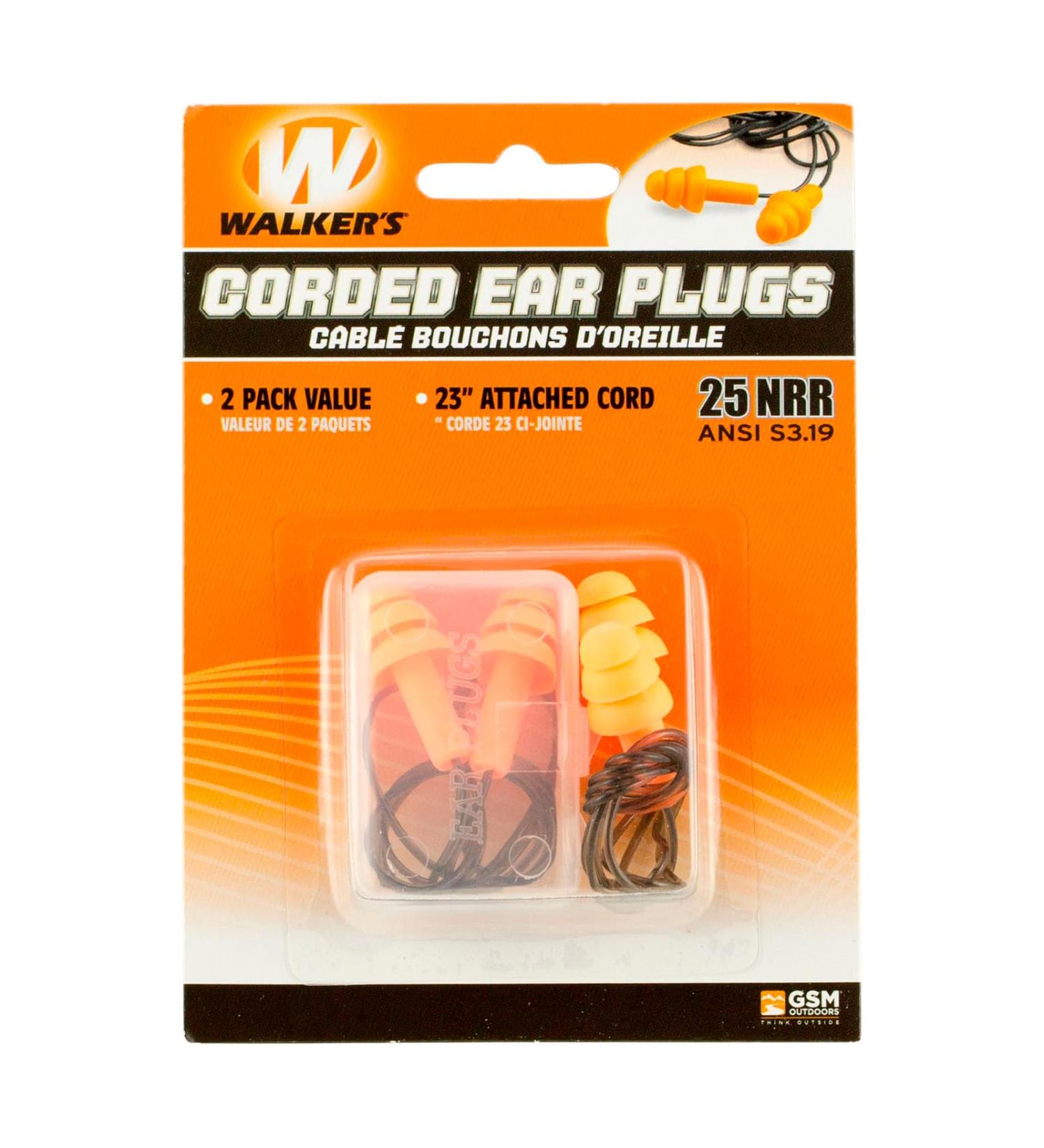 Walker's 25dB NRR Noise-Reducing ANSI S3.19 Hearing Protection Shooting Hunting Work Soft Comfortable 23" PVC Corded Rubber Earplugs 2 Pairs & Carrying Case