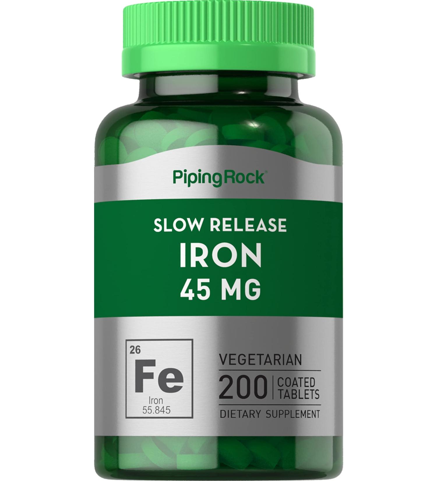 Slow Release Iron Supplement 45mg - 200 Tablets | Ferrous Sulfate | Vegetarian Non-GMO Gluten Free | Piping Rock - Buy Online on GoSupps.com
