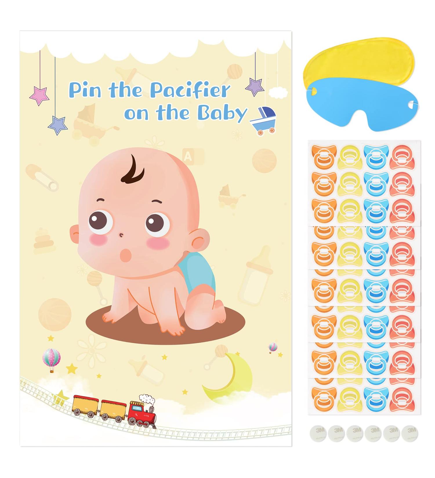 Hooqict Pin the Pacifier on the Baby Game Poster | Baby Shower Games Party Favors with 72pcs Stickers | Boys Girls Birthday Party Supplies - Buy Online on GoSupps.com