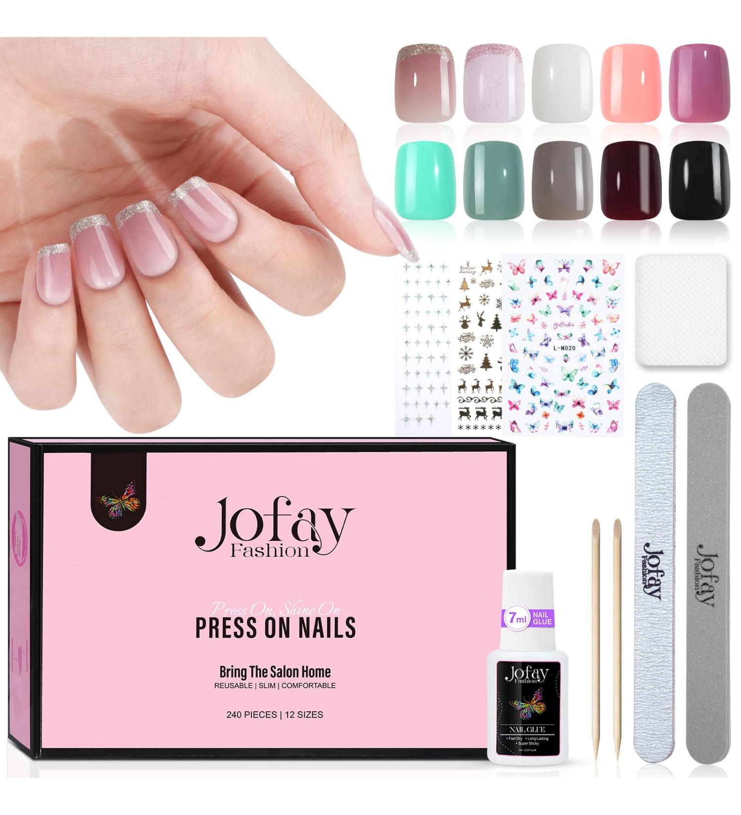 240 Pcs Glitter French Press On Nails Kit - Short Square Acrylic Stick On Nails with Glue 12 Sizes Glossy Soft Gel Fake Nails - Perfect Fit for Natural Look - Buy Online on GoSupps.com