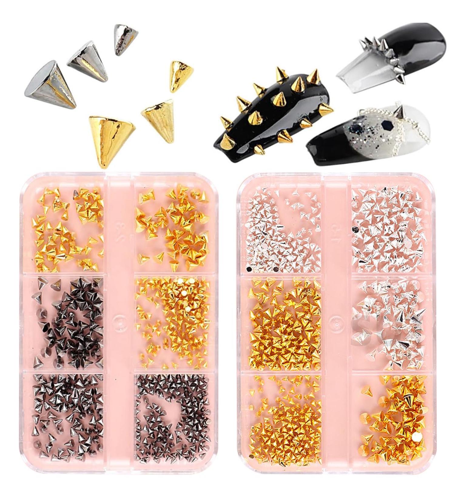 12 Grids Mini Metal Rivet Nail Charms - Gold Silver Black Spike Studs for Punk Nail Art & Acrylic Nails Decoration - Buy Online on GoSupps.com