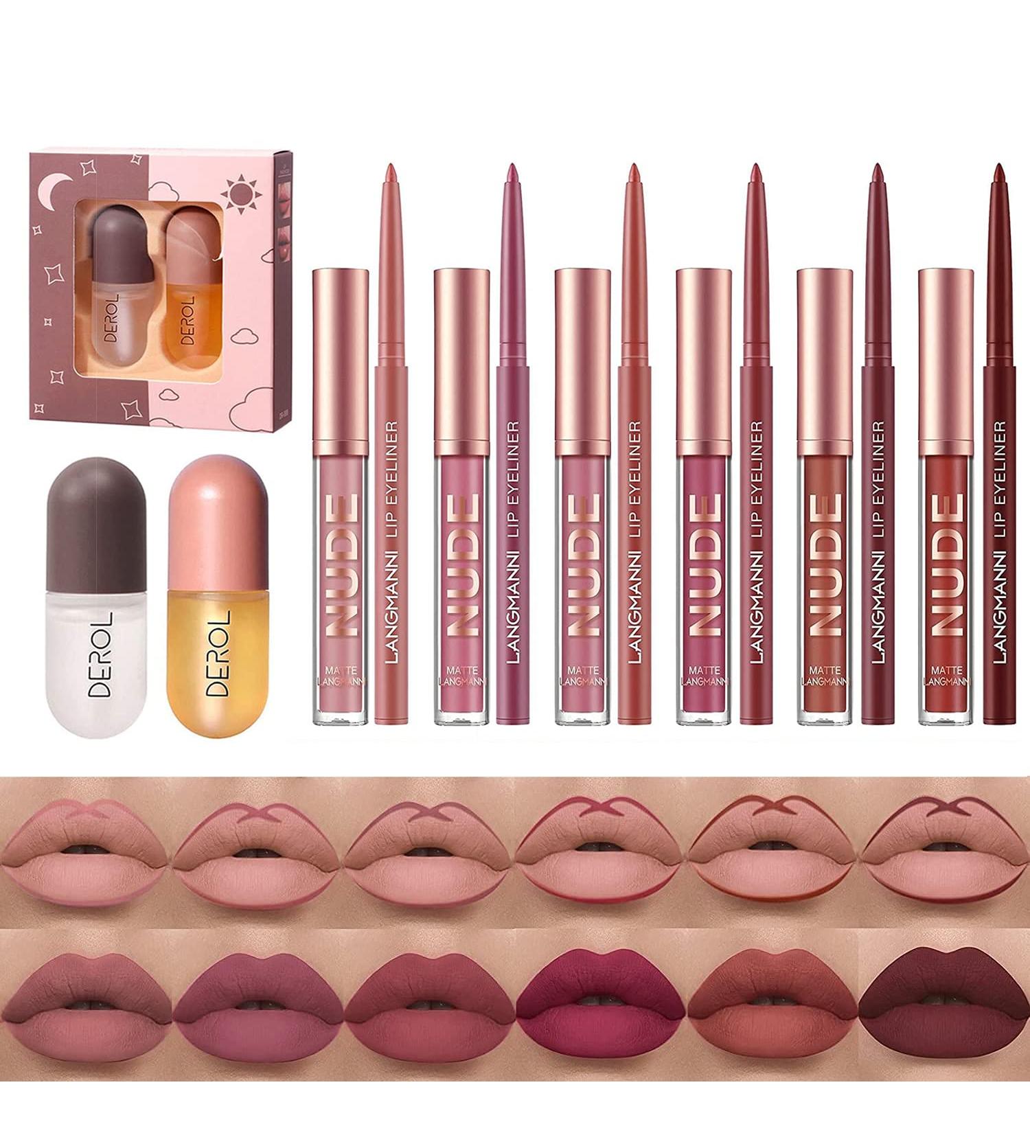 DEROL Lip Plumper Set: Natural Lip Enhancer with Serum for Fuller Lips - 12Pcs Matte Liquid Lipstick + Lip Liner Pens - Long-Lasting & Waterproof Lip Gloss Kit - Buy Online on GoSupps.com