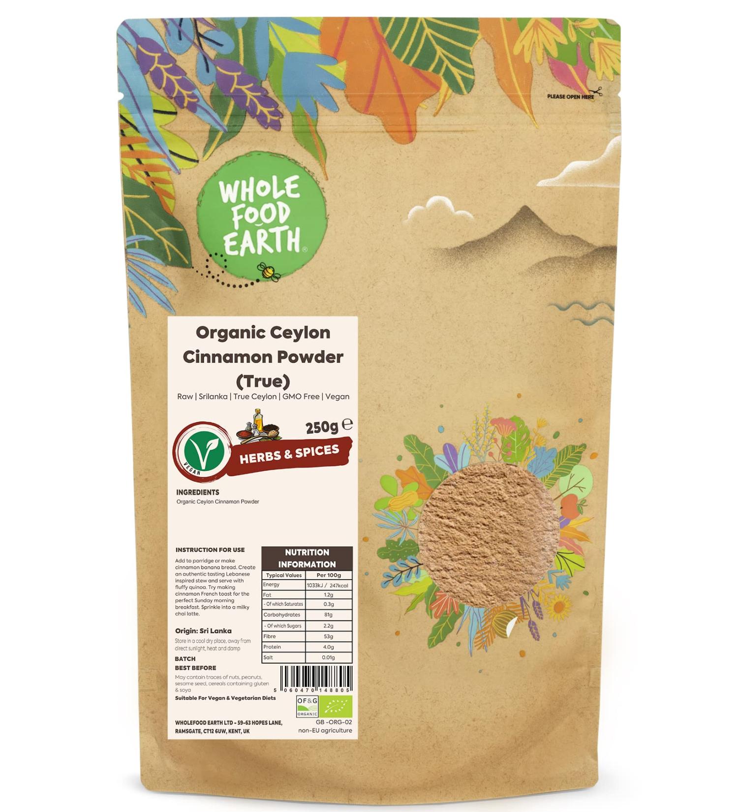 Wholefood Earth Organic Ceylon Cinnamon Powder (True) 250g - Raw, Srilanka, Certified Organic, GMO Free, Vegan - Buy Online on GoSupps.com