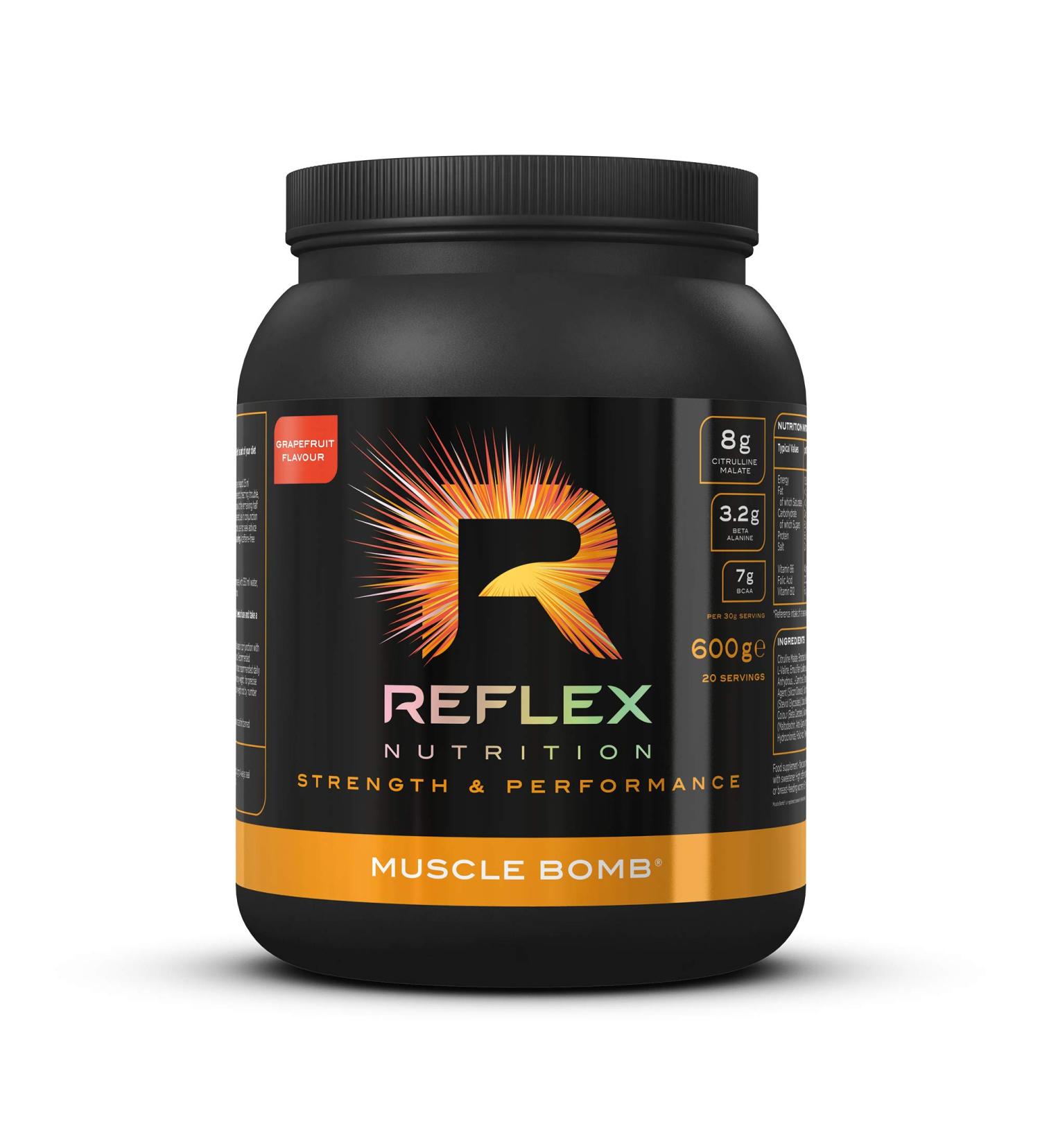 Reflex Nutrition Muscle Bomb With Caffeine Ultimate PRE-WORKOUT POWDER 7g BCAA's 2g L-Carnitine 3.2g Beta-Alanine 1g Taurine (Pink Grapefruit) (600g) - Buy Online on GoSupps.com