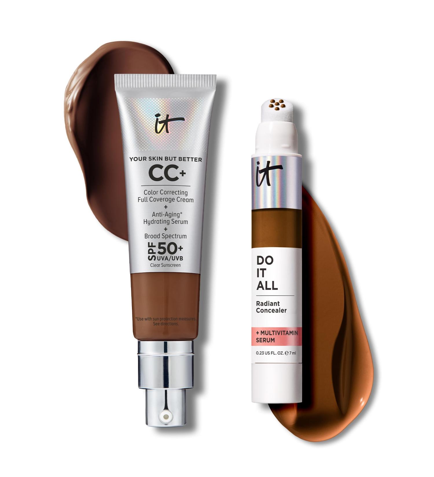 IT Cosmetics CC+ Cream with SPF 50+ Natural Finish Full Coverage Foundation (Neutral Deep - 1.08 fl oz) & Do It All Radiant Concealer Multivitamin Serum Makeup (610 Deepest Warm - 0.2 fl oz) - Buy Online on GoSupps.com