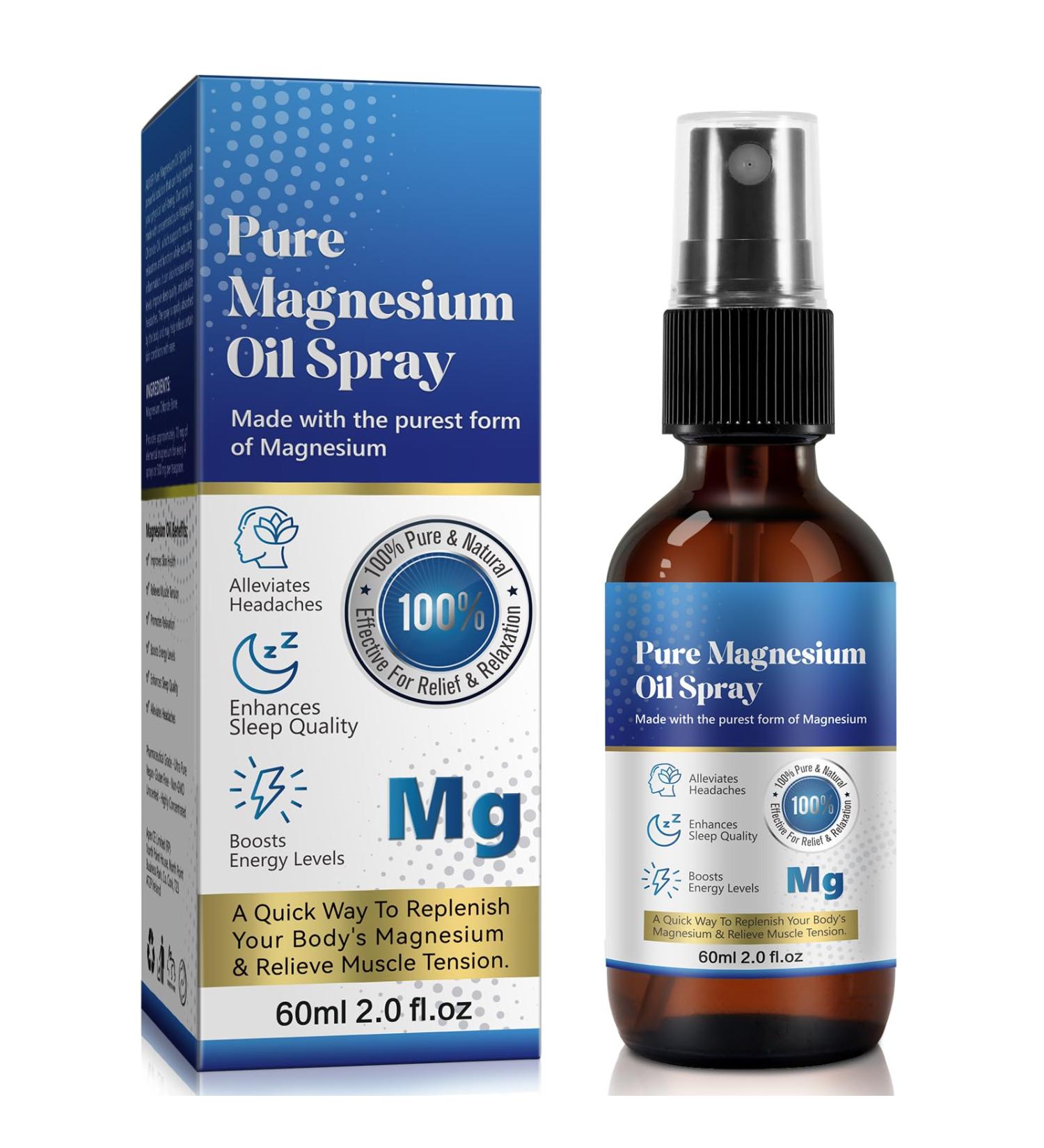 60ml Magnesium Oil Spray - 100% Pure Natural Fast-Absorbing Topical Solution for Muscle Relief Joint Pain and Relaxation - Buy Online on GoSupps.com