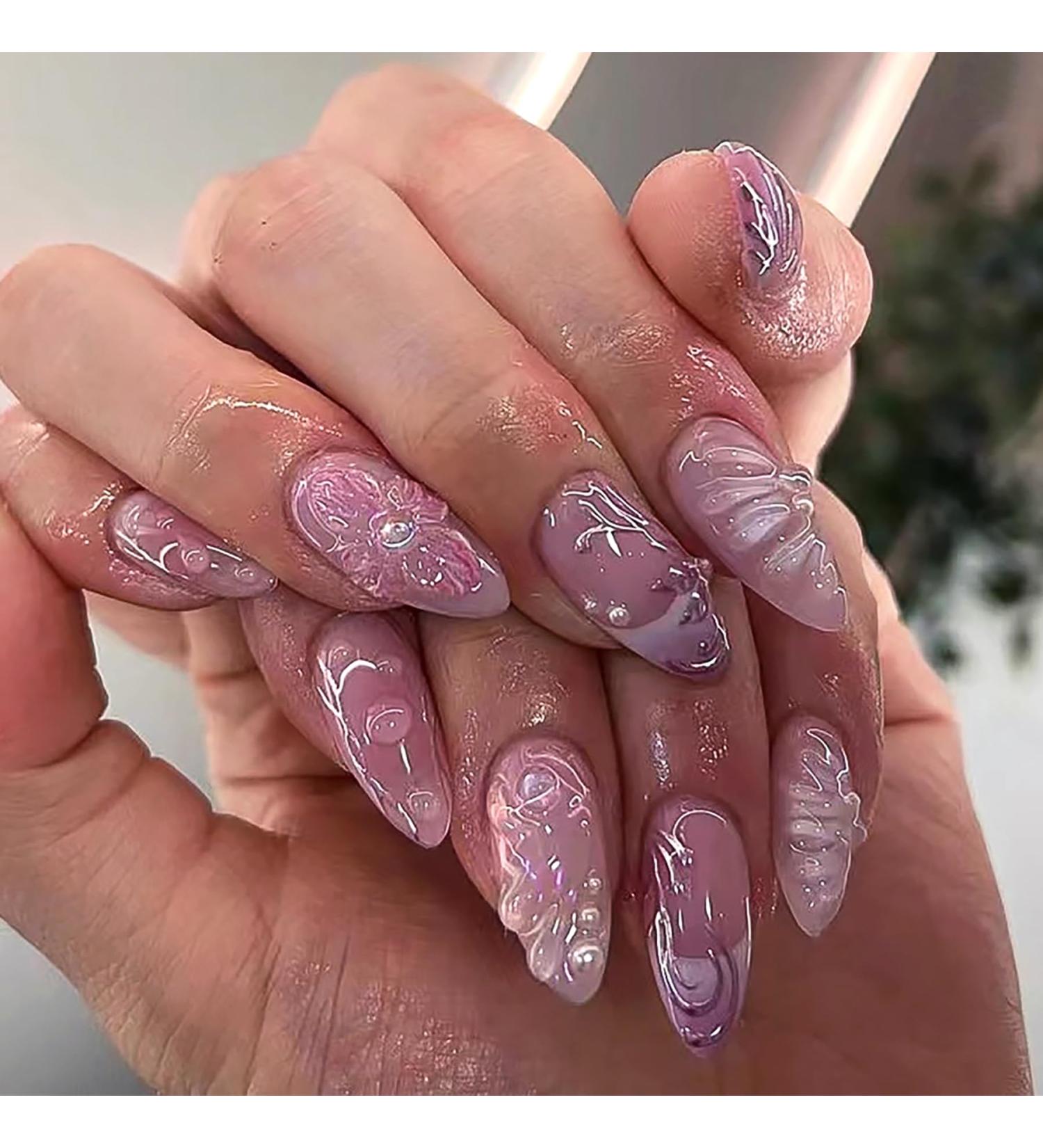 24Pcs Purple Flower Almond Press on Nails with 3D Pearl - Medium Acrylic French Nails for Women & Girls - Glossy Full Cover Stick on Nails A04 - Buy Online on GoSupps.com