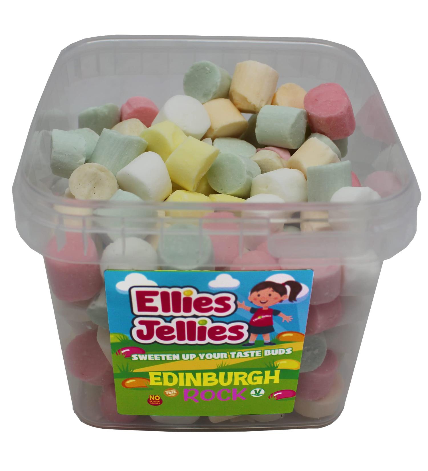Ellies Jellies Edinburgh Rock 580g Square Tub Fruity Flavoured Multi-Coloured Soft Crumbly