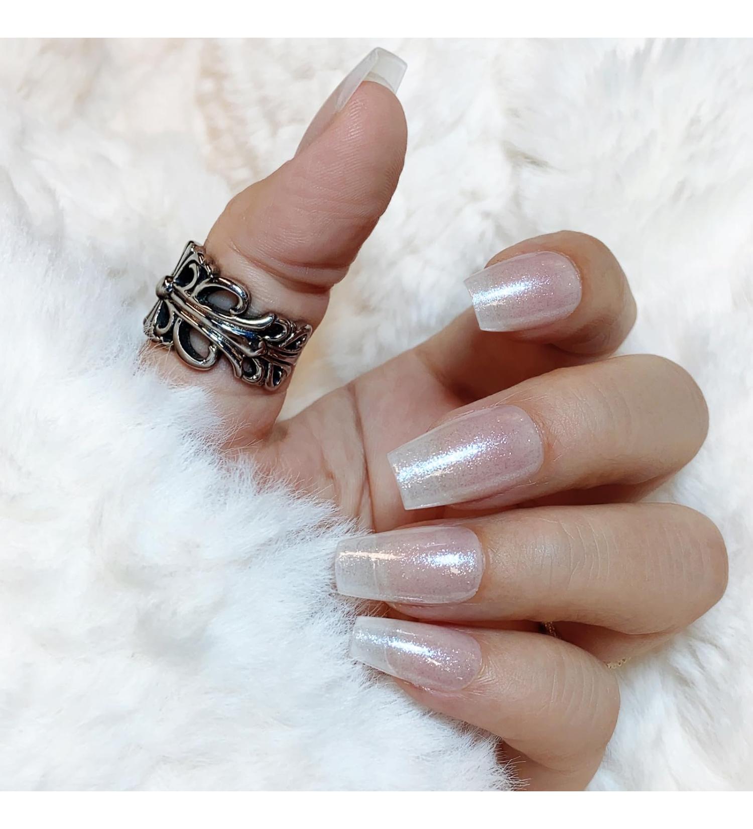 LADYING Moonlight Glitter Gel False Nails - Milky White Coffin Press on Nails French Tip Pattern Medium Kit with Nail Glue for Women Nails Art - 1 Pack - Buy Online on GoSupps.com