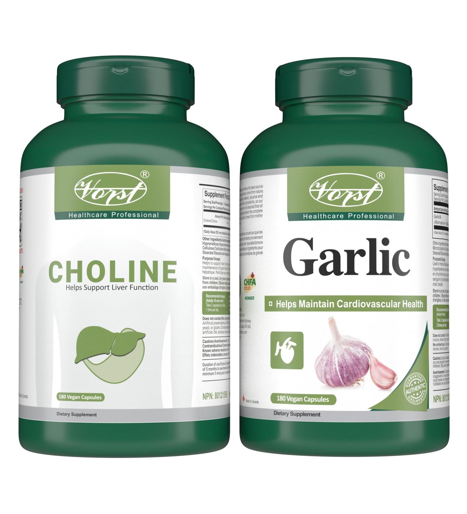 VORST Choline Bitartrate 180 Vegan Capsules & Garlic 180 Vegan Capsules (Combo Bundle 2 Bottles) - Buy Online on GoSupps.com